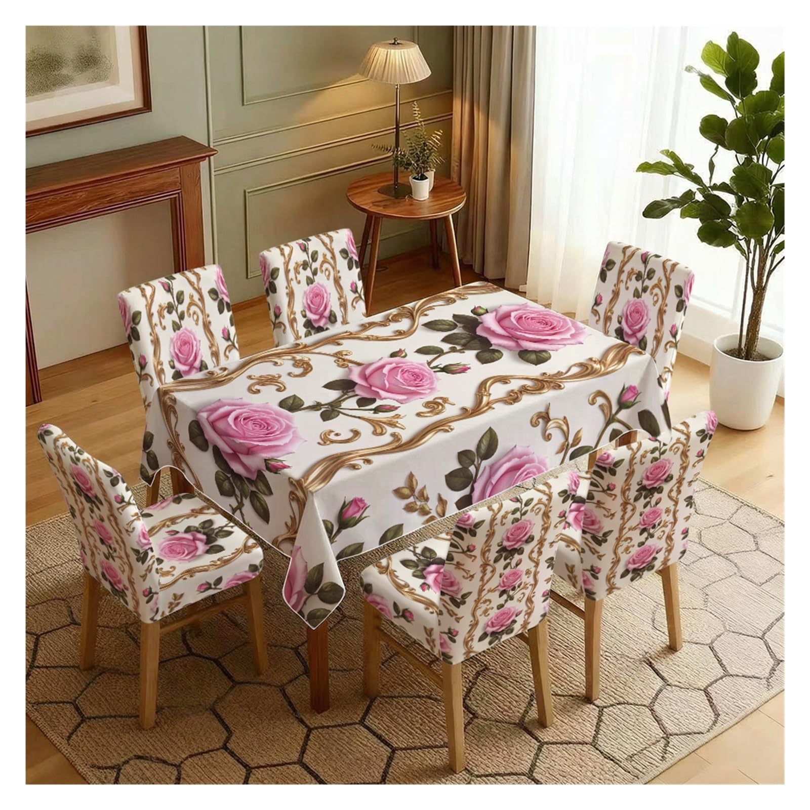 KXUAUV Pink Rose Damask Print Stretch Dining Chair Covers Tablecloth Set, For Kitchen Dining Living Room Luxury Decor, 5/7 Pack Party Decor(7pcs Set: Tablecloth+Chair Covers)