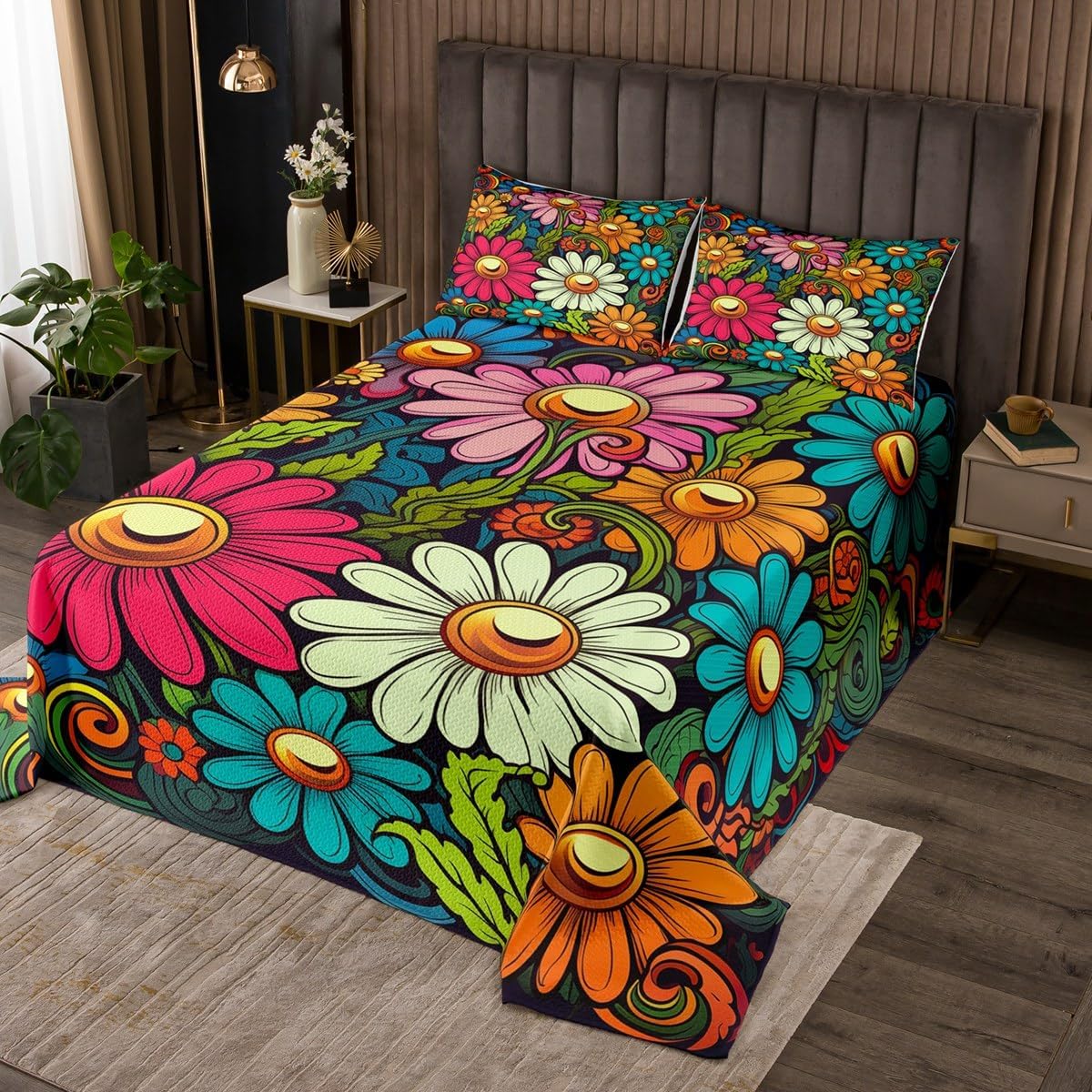 Homewish Colorful Flower Bedspread Queen Size,Happy Easter Eggs Bedding Set for Kids Boys Girls Room Decor,Floral Botanical Natural Theme Quilt 3Pcs,Black Cartoon Fashion Coverlet Set,2 Pillowcases
