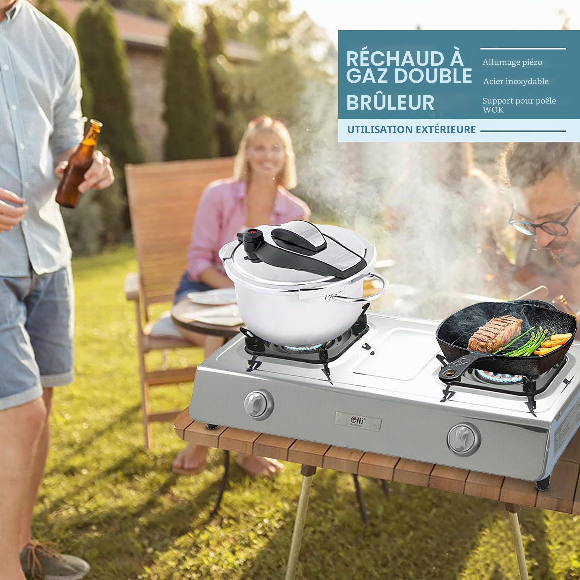 NJ NGB-200 Réchaud de camping à gaz - 2 Brûleurs, Tables de Cuisson Portable GPL 7.2 kW