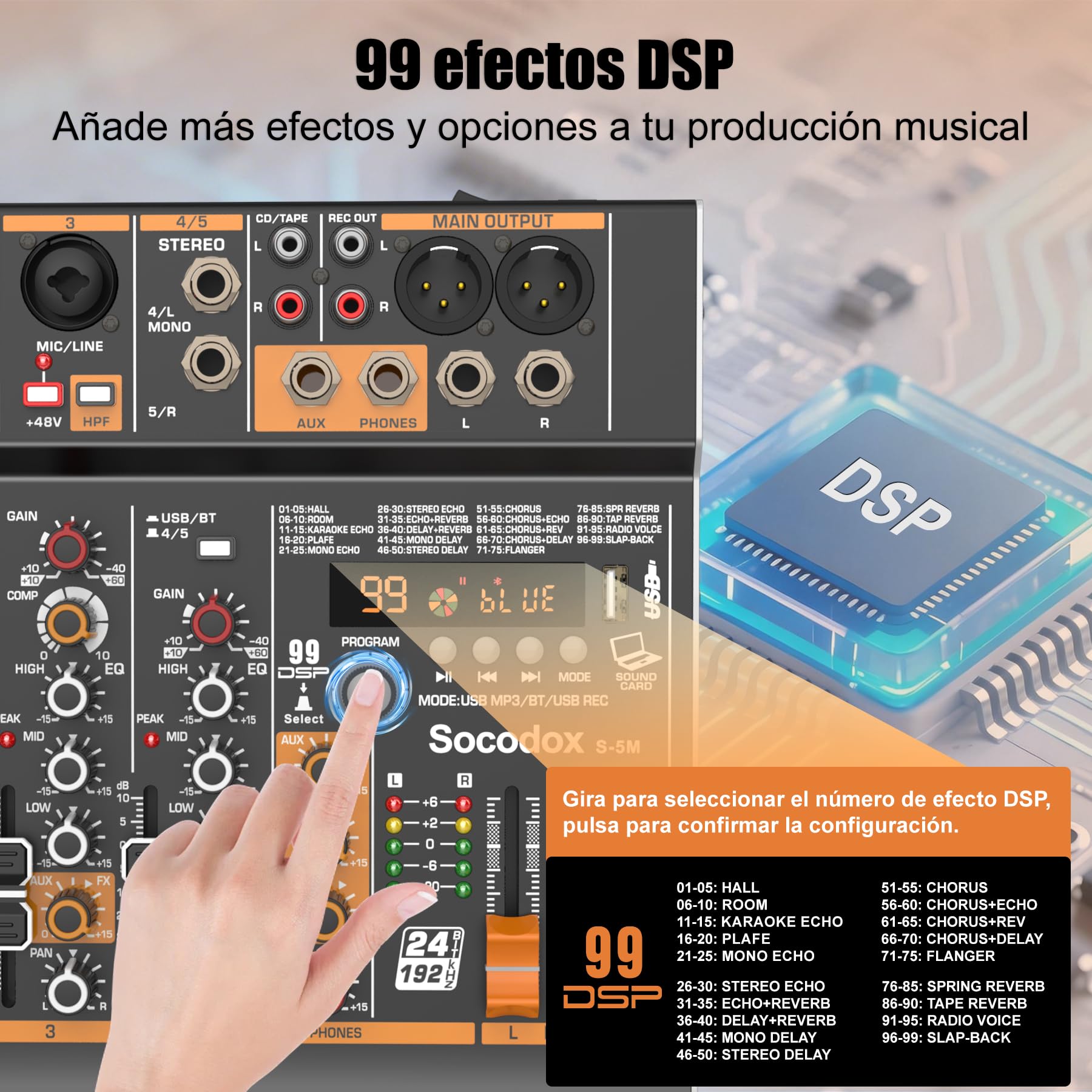 Mezcladora de audio de 5 canales con Bluetooth y 99 efectos DSP | Alimentación fantasma 48V, EQ de 3 bandas, grabación por USB, bajo ruido, control de ganancia para podcast, iglesia, karaoke