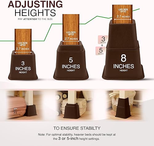 Miniatura 8 de Utopia Bedding Elevadores Ajustables para Muebles de Cama - Elevación en Alturas de 3, 5 u 8 Pulgadas Elevadores de Servicio Pesado para Camas