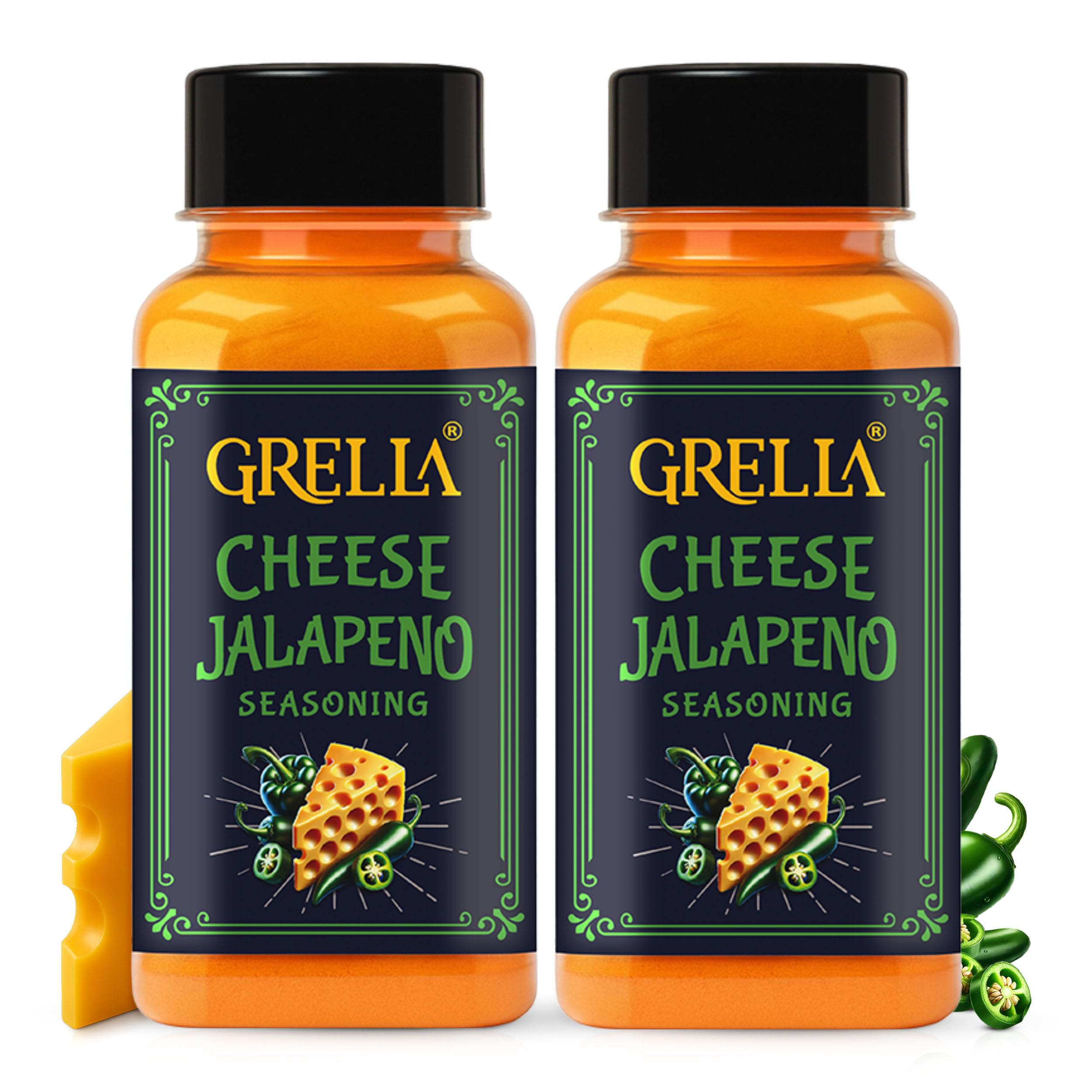 Grella Cheese Jalapeno Seasoning Powder | 125 grams x 2 | for Popcorn, Nachos, Pasta, Fries, Dips and other snacks | Theater Cheese popcorn powder | Jalapeno Cheddar Cheese powder (Pack of 2)