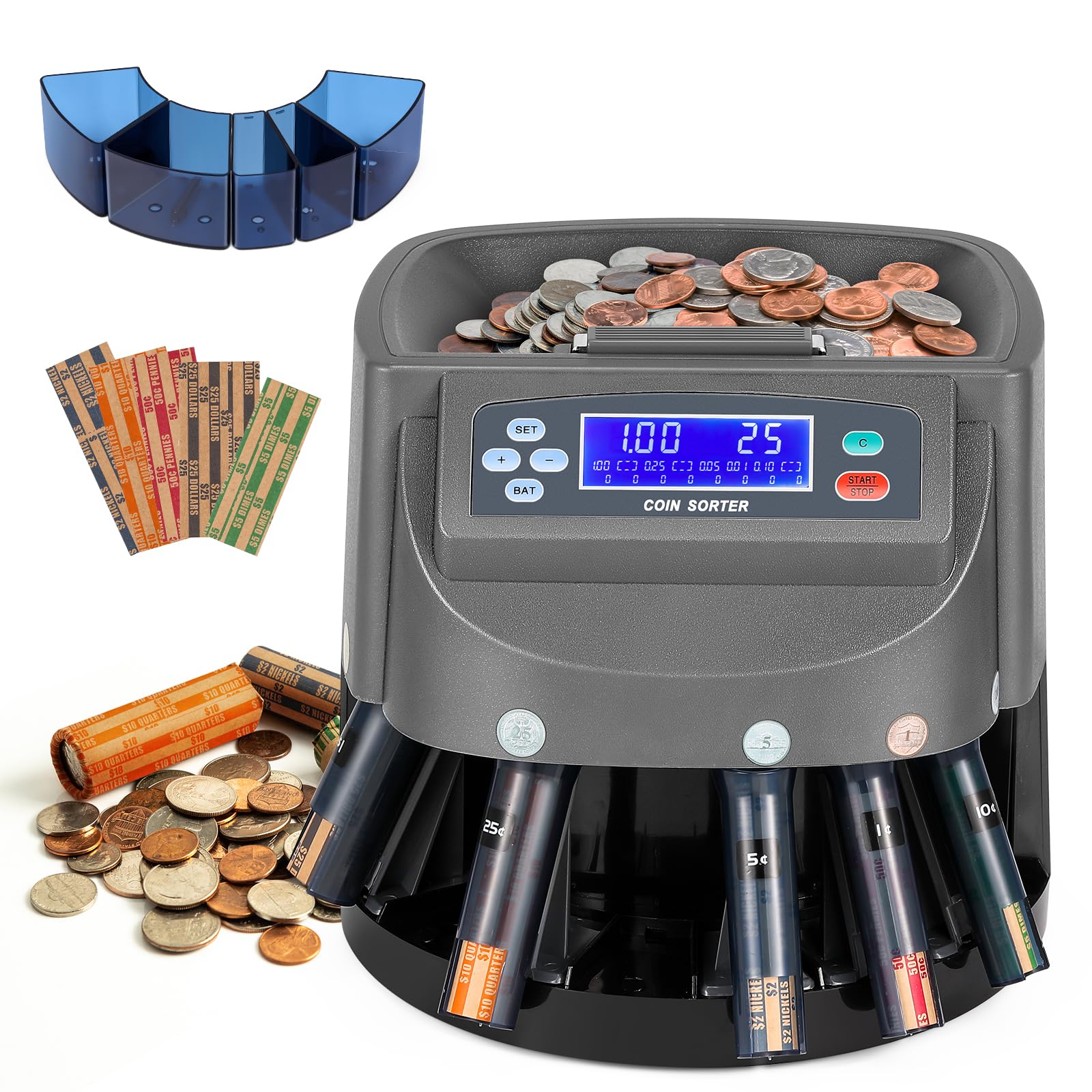 Bonvoisin Coin Counter & Coin Sorter Machine for USD Coin 1? 5? 10? 25? $1, Sorts up to 270 Coins/min, Included 5 Coin Trays & 5 Tubes & 50PCS Wrappers