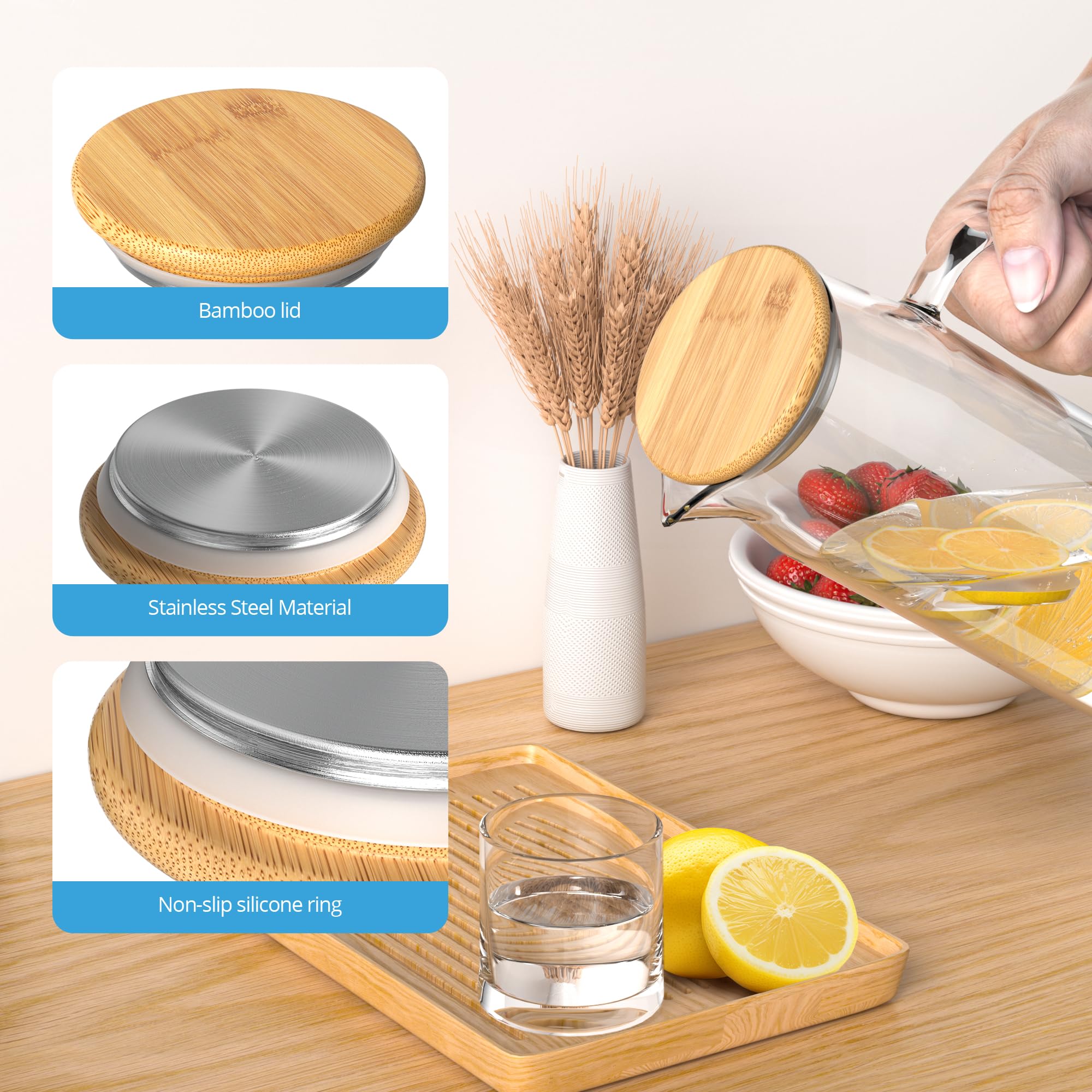 3 juegos de jarra de vidrio con tapa, jarra de agua de 50 onzas / 1500 ml con asas para bebidas frías y calientes (tapa de bambú)