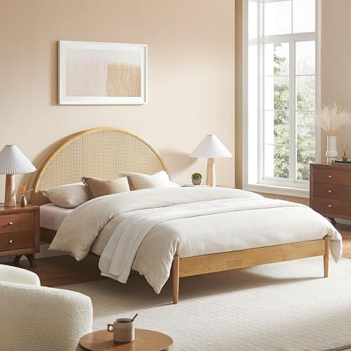 Modway Odette Arched Queen Platform Bed in Oak with Rattan