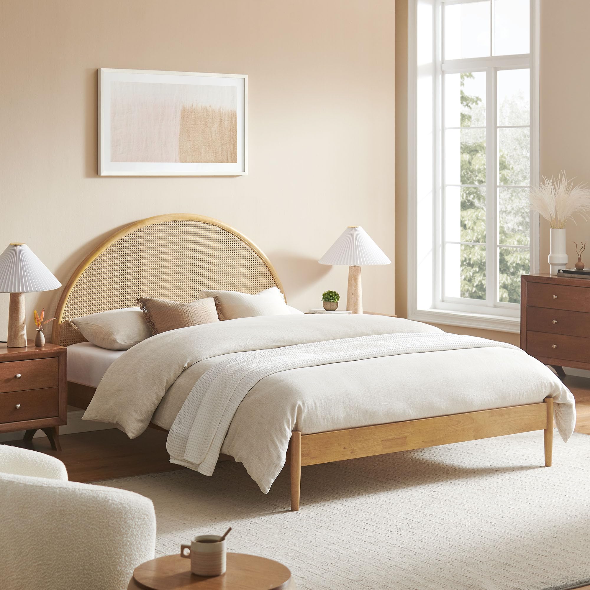 Photo 1 of Modway Odette Arched Queen Platform Bed in Oak with Rattan Cane Headboard – Wooden Queen Half Moon Bed Frame – Mid-Century Modern Queen Size Platform Bed Frame (headboard not included)