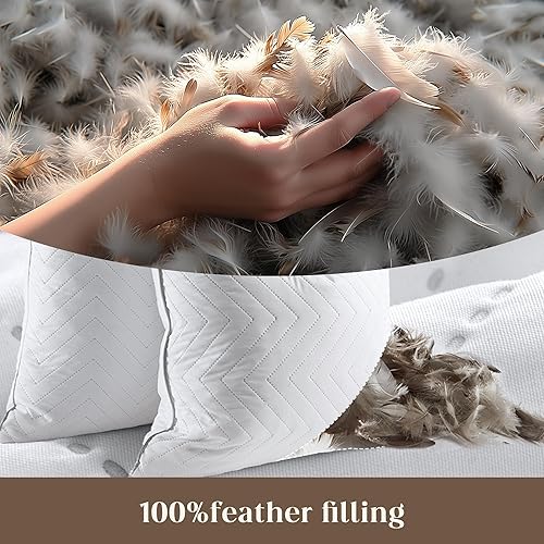 Miniatura 4 de WOLKI Juego de 2 almohadas de plumas de ganso, relleno de almohada de 20 x 20 pulgadas con lujoso acolchado corrugado, almohadas decorativas,