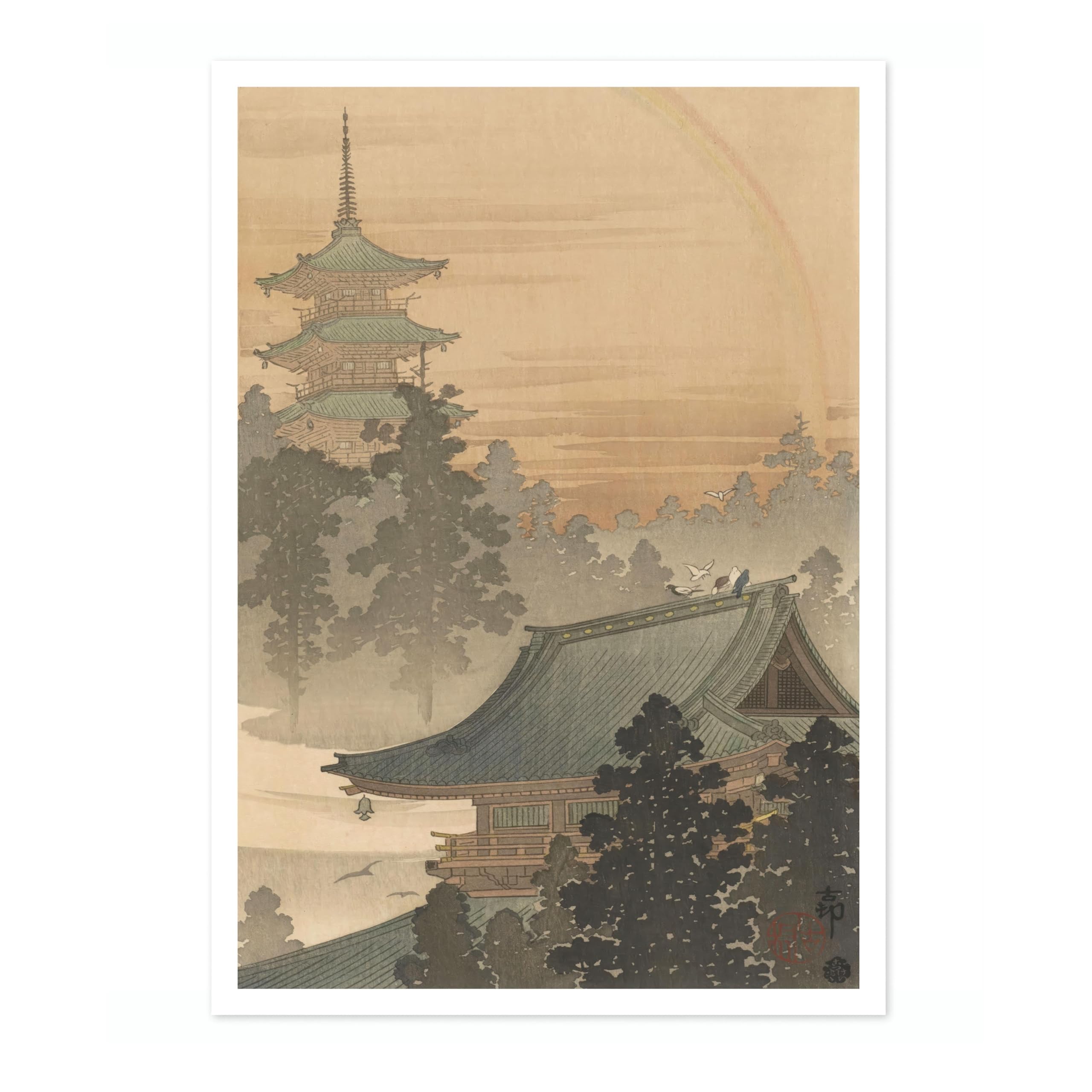 Pagoda & Temple Ohara Koson Poster, Japanese Woodblock Ukiyo-E Print, Vintage Nature Art Picture Animal Painting Wall Art Exhibition, Japan Artwork Home Decor, A3 (Print Only) - 42x29.7cm