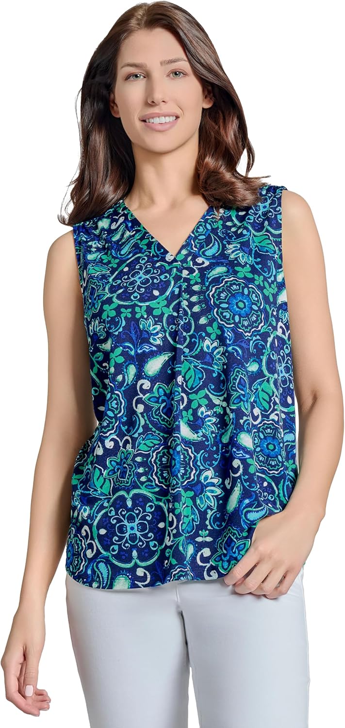 Jones New York Women's Printed Ity Sl V Nk Pleat Front Shell