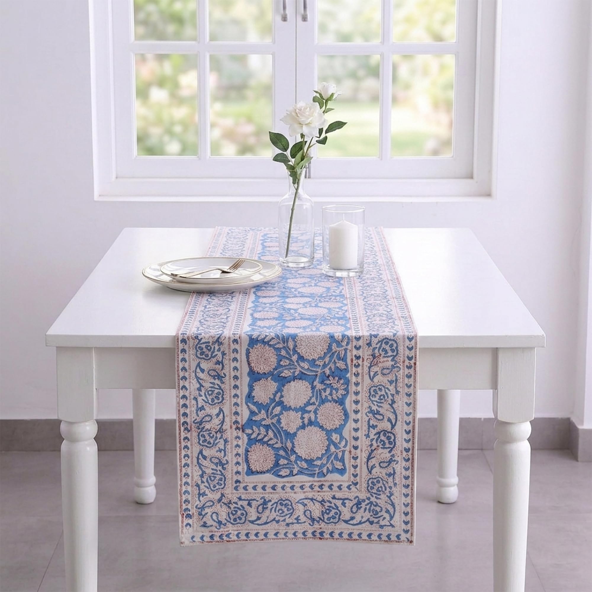 Hand Block Printed Cotton Table Runner - Floral Design -16
