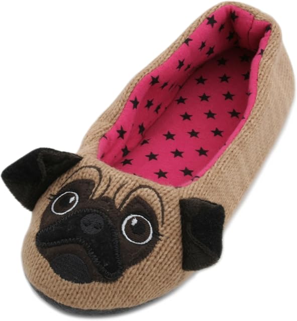 Slumberzzz Ladies Knitted Animal Character Ballet Slippers Brown Pug 7-8 UK