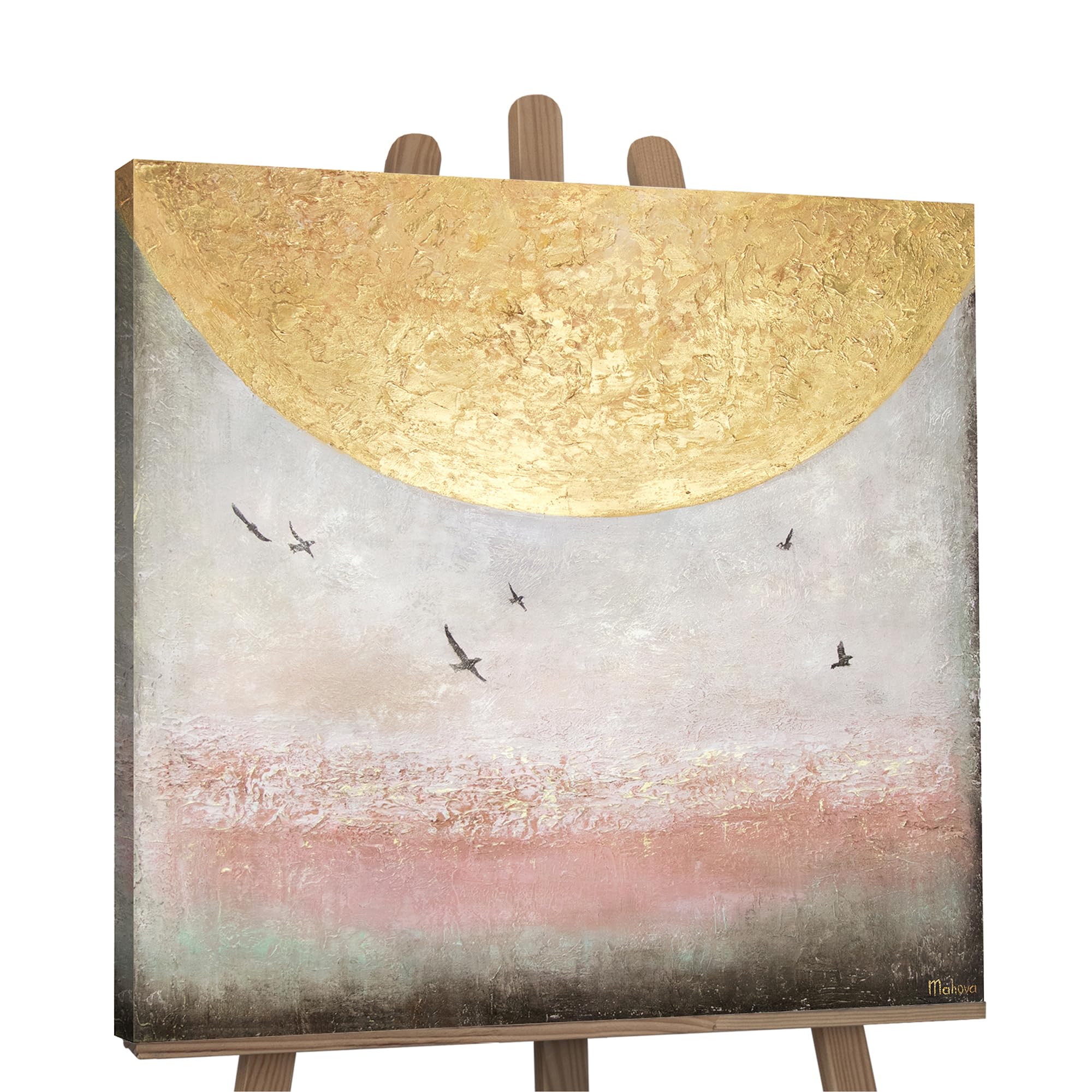 YS-Art Original Handmade Painting – Gold Sun Abstract Landscape with Birds, Minimalist Acrylic Art with Texture, Decor for Bedroom & Living Room 35x35 inch
