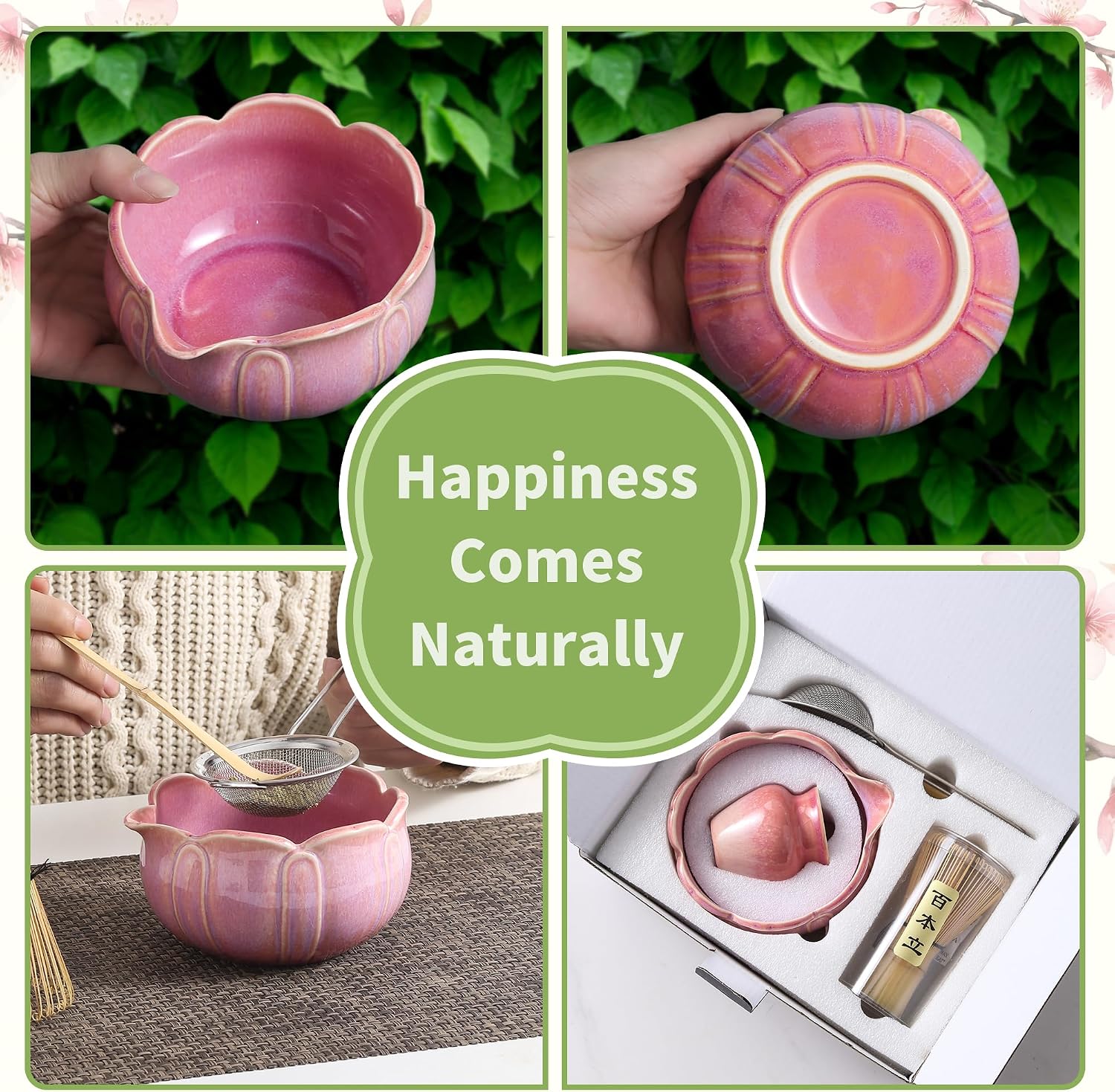 Matcha Whisk Set, Ceramic Matcha Set 8 Pcs, Matcha Kit Set Includes Matcha Bowl, Matcha Whisk and Holder, Bamboo Scoop and Rest, Sifter and Tea Towel, Ideal Gift for Family/Friend (Pink)