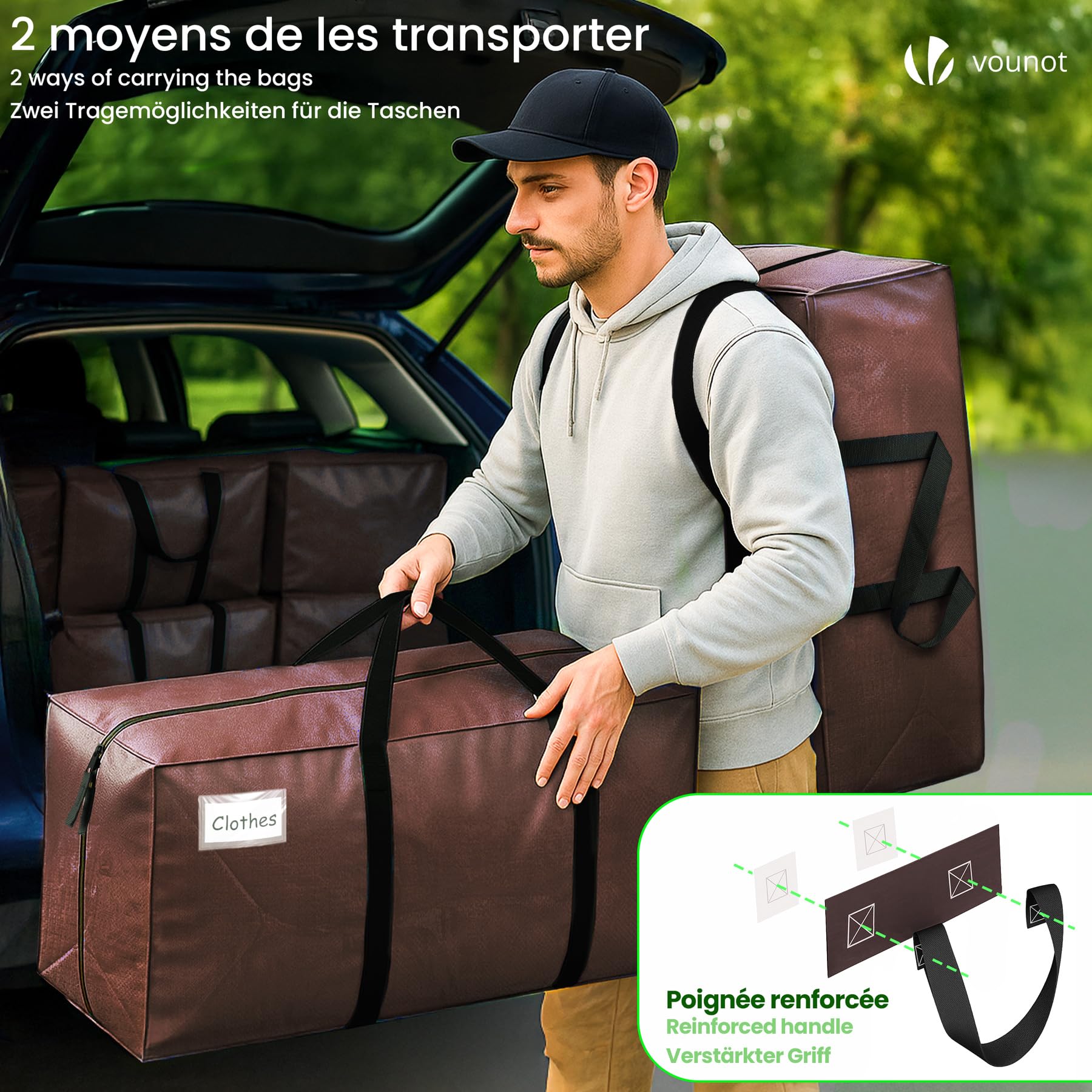 VOUNOT® Pack de 10 Bolsas de Mudanza Grandes con Asas y Correas de Mochila, Bolsas de Almacenamiento Resistentes para Guardar Ropa y Embalar, Marrón