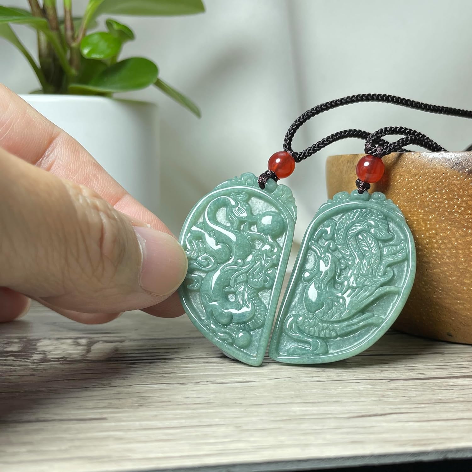 Real Jade Dragon Phoenix Couple Necklace Jewelry, Green Jade Pendant Charm, Heart Shape Matching Pair, Wedding Valentine Gift Idea - Image 6