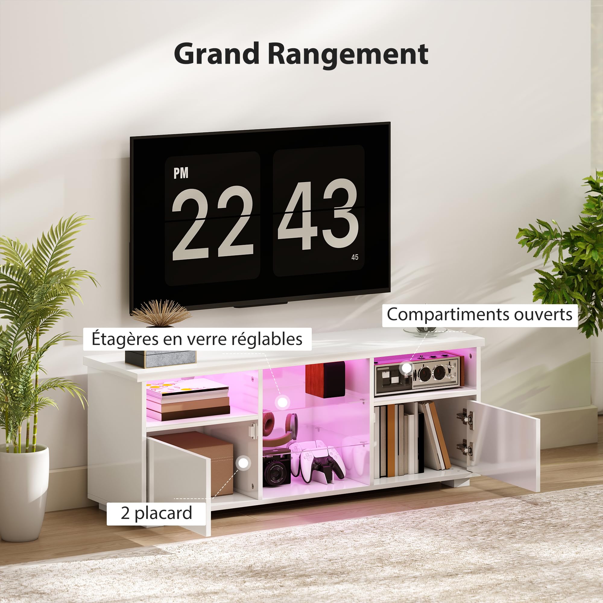 HOMCOM Meuble TV 120 cm Meuble Télé LED TV pour Téléviseur 55 Pouces Blanc