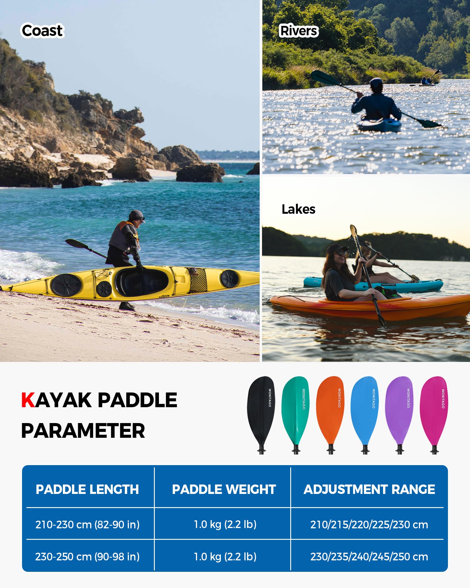 Pala de kayak con eje de fibra de carbono y hoja de nailon reforzada, remos ajustables para kayak, 3 piezas, 210-230 cm, verde azulado
