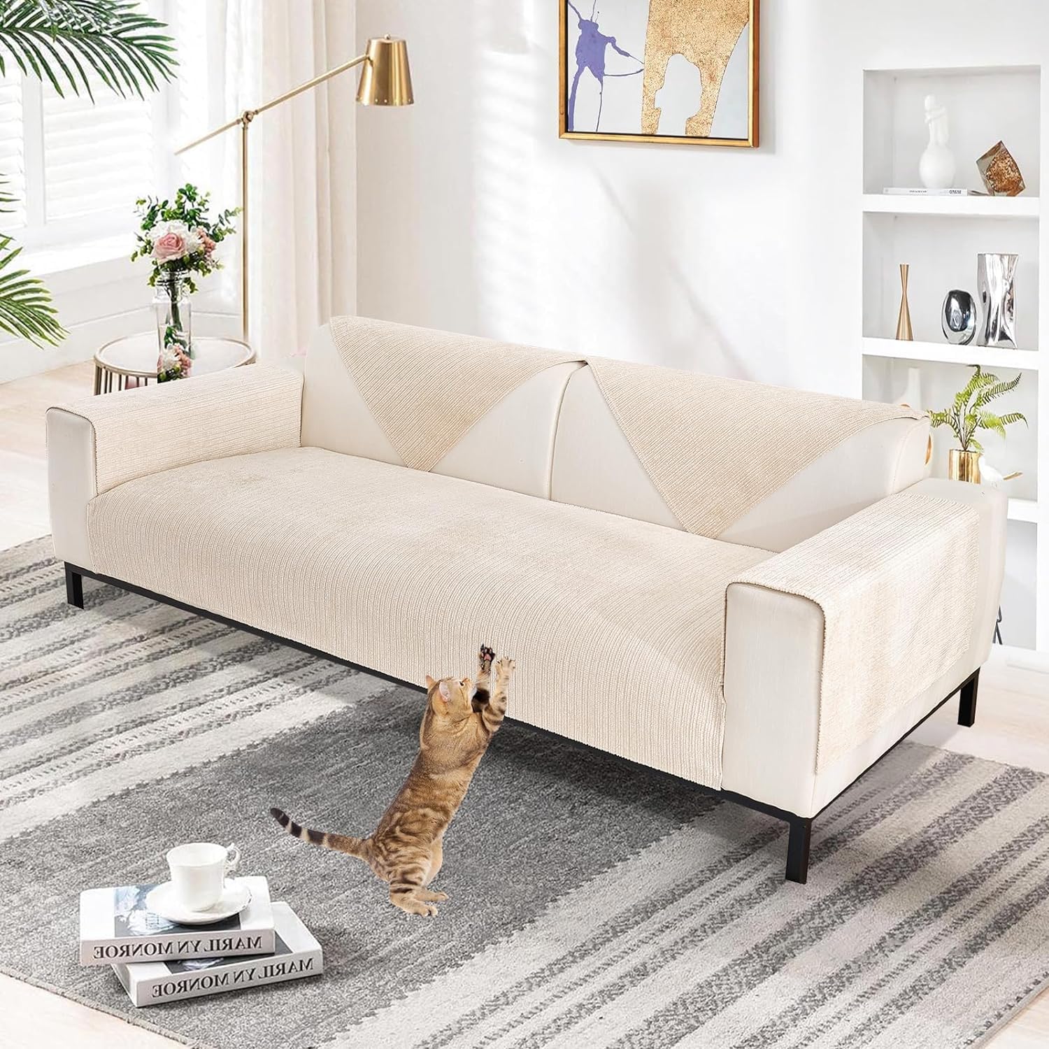 Topchances Chenille Sofa Cover 1 2 3 Seater,Washable Sofa Slipcovers Non-Slip Seat Cushions with Silicone Particles All-Seasons Apply to Pet Living Room Cushions(Off White,70x150cm 1 Piece)