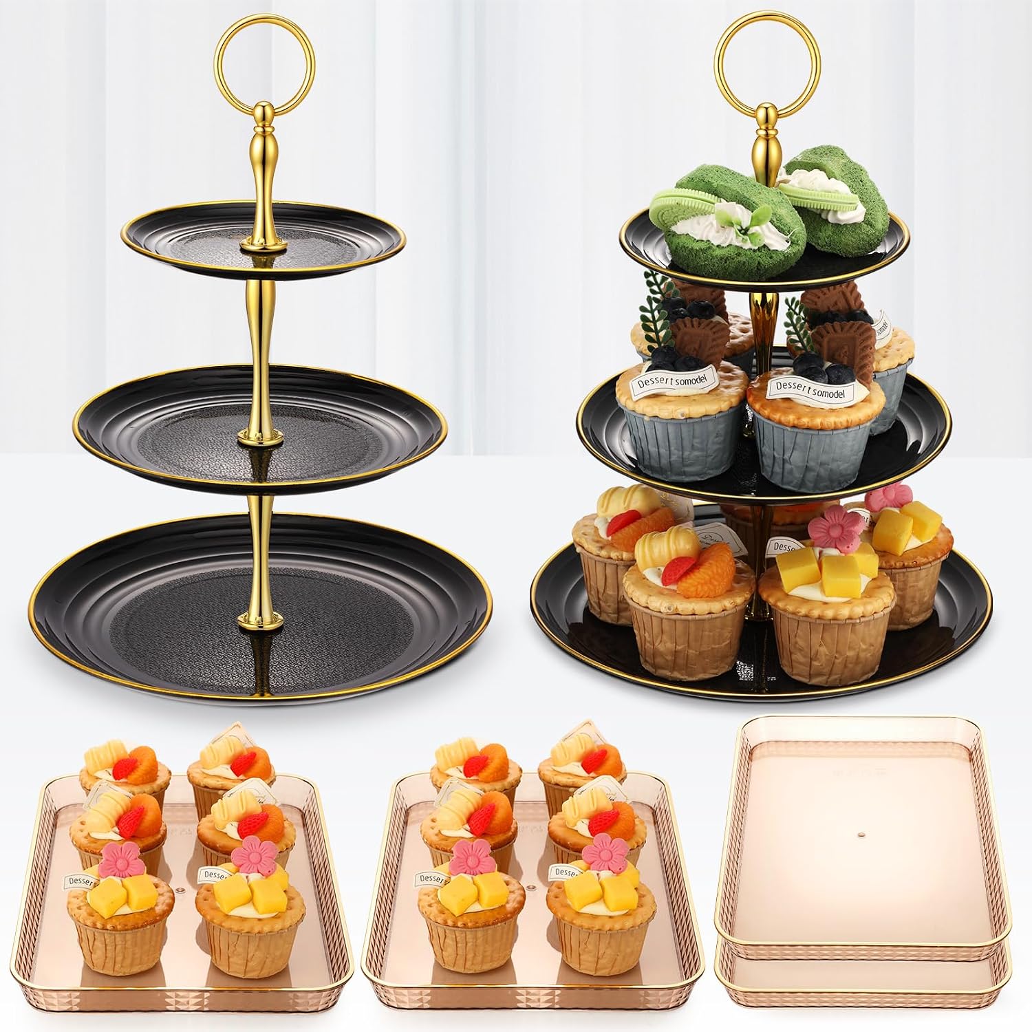 6 Pcs 3 Tier Green Cupcake Stand Tiered Serving Tray with Gold Rim Rectangle Serving Trays Round Plastic Dessert Display Stand Cup for Holiday Wedding Birthday Tea Party Decor
