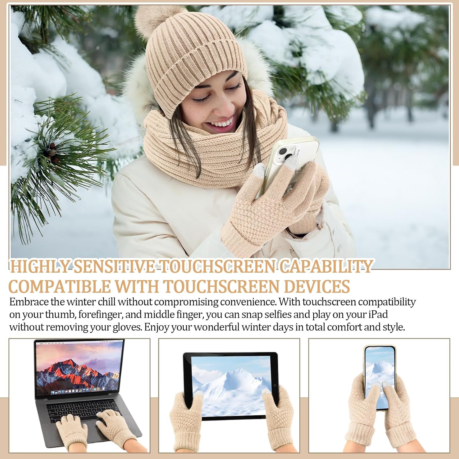 Geyoga 3 Pcs Winter Beanie Hat Scarf Gloves Set Warm Winter Knit Hats with Pom Long Scarf Touchscreen Gloves for Women Men - Image 4