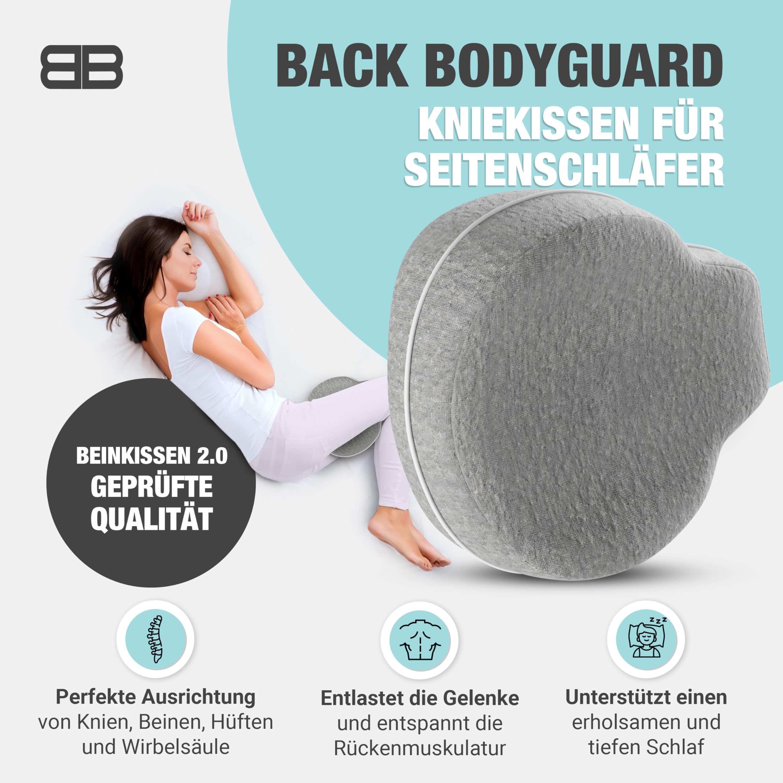 BACK BODYGUARD Kniekissen Seitenschläfer - Beinkissen - Seitenschläferkissen mit Bezug - Lagerungskissen Erwachsene - Beinkissen - Knie Kissen Seitenschläfer - Knierolle (Kissen + Grauer Bezug)