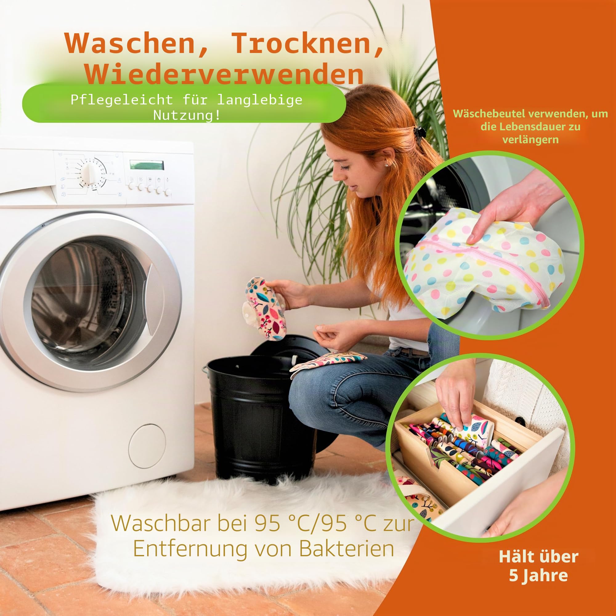 Made in EU – Waschbare Stoffbinden aus Bio-Baumwolle, saugstark für starke Tage & Inkontinenz (6er Set L+XL) – Dünn, atmungsaktiv & mit sicherem Halt; wiederverwendbare Periodenbinden für Frauen