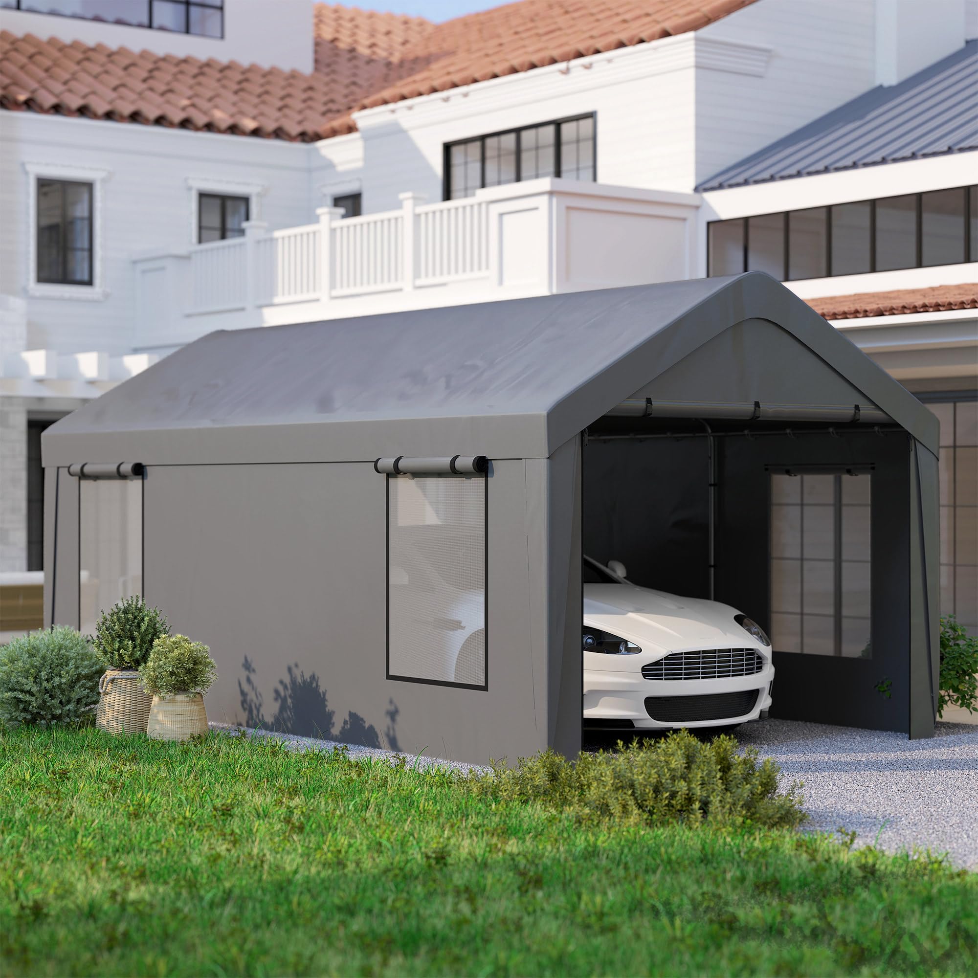 Outsunny Carport Tente de Garage 3 x 6 m abri Voiture extérieur Tente de Stockage avec parois latérales Amovibles, 2 Portes enroulables et 4 fenêtres, pour Camion, Bateau, Gris foncé