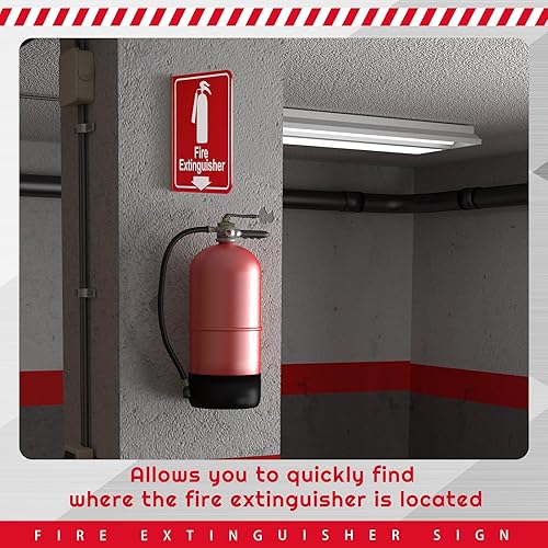 Miniatura 9 de Barydat 12 letreros de extintor de incendios con agujeros de montaje preperforados, extintor de incendios con flecha hacia abajo, letreros de