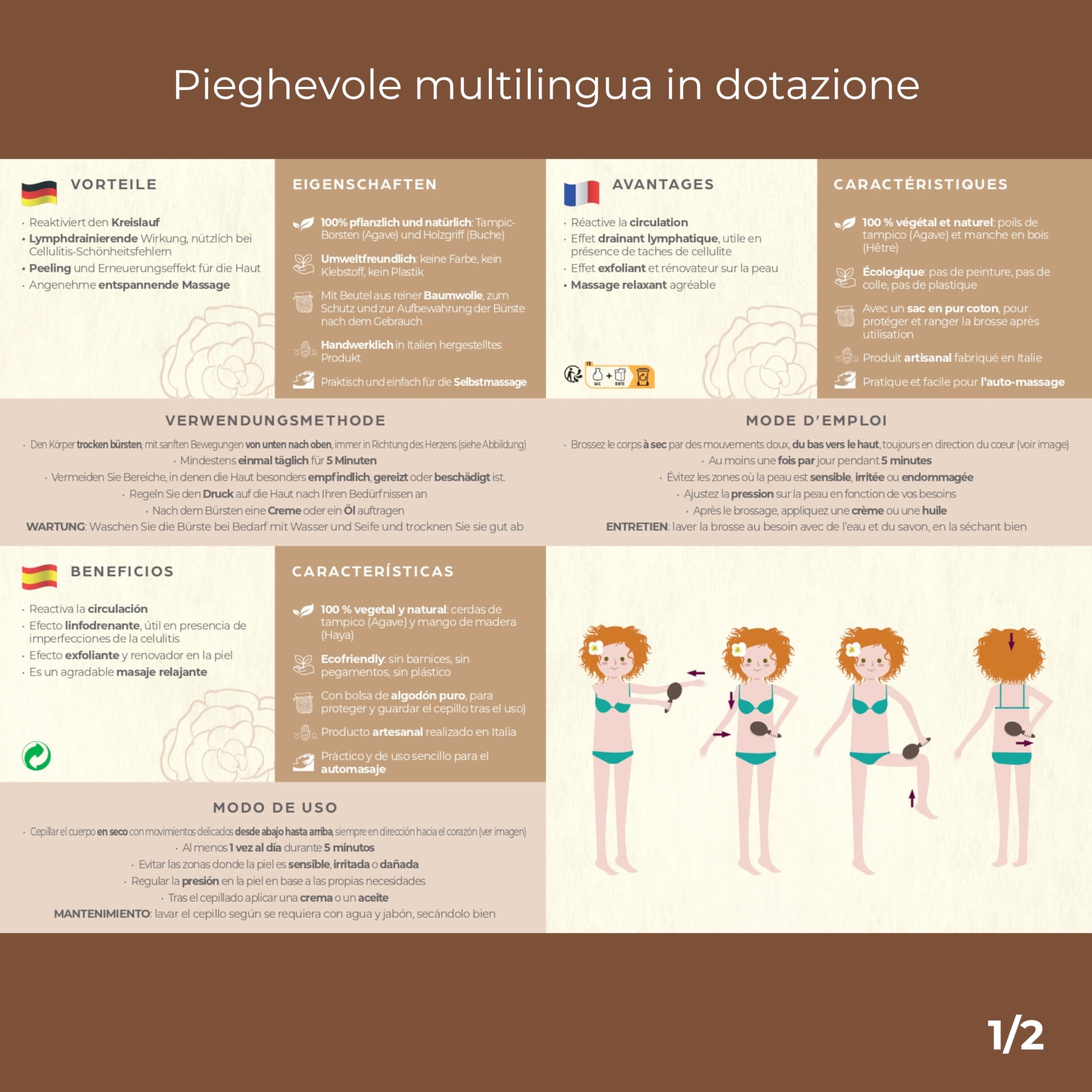 Spazzola Corpo per Spazzolatura a Secco, Setole Naturali Tampico Erbecedario, Legno di Faggio, Per Contrastare Inestetismi Cellulite e Ritenzione Idrica, Migliora la Circolazione, Azione Esfoliante