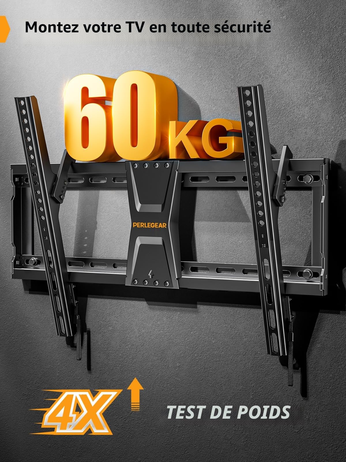 Perlegear Support Mural TV Inclinable pour téléviseurs de 37-82 Pouces Plasma OLED LCD jusqu'à 60 kg, Fixation Murale TV inclinable pour téléviseurs Plats ou incurvés Max VESA 600x400mm, PGLT5
