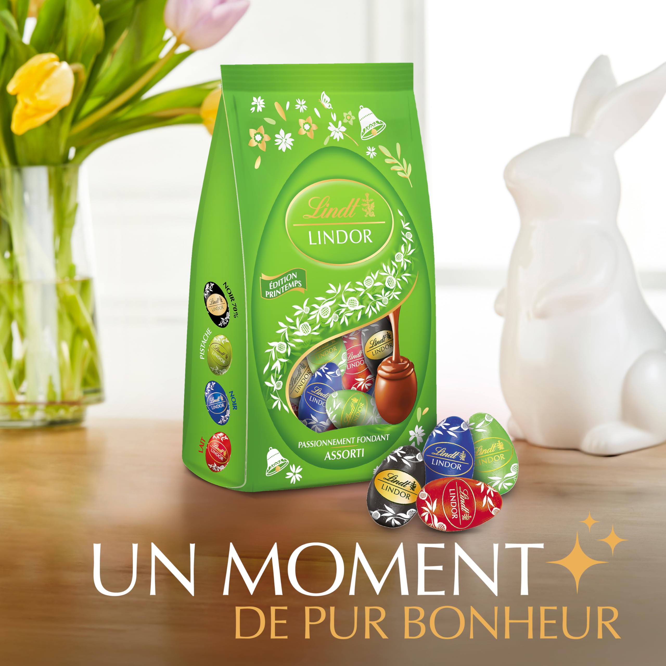 Lindt - Sachet d'Œufs LINDOR - Assortiment de Chocolats au Lait, Noir 45%, Noir 70%, Pistache - Idéal pour Pâques, 180g