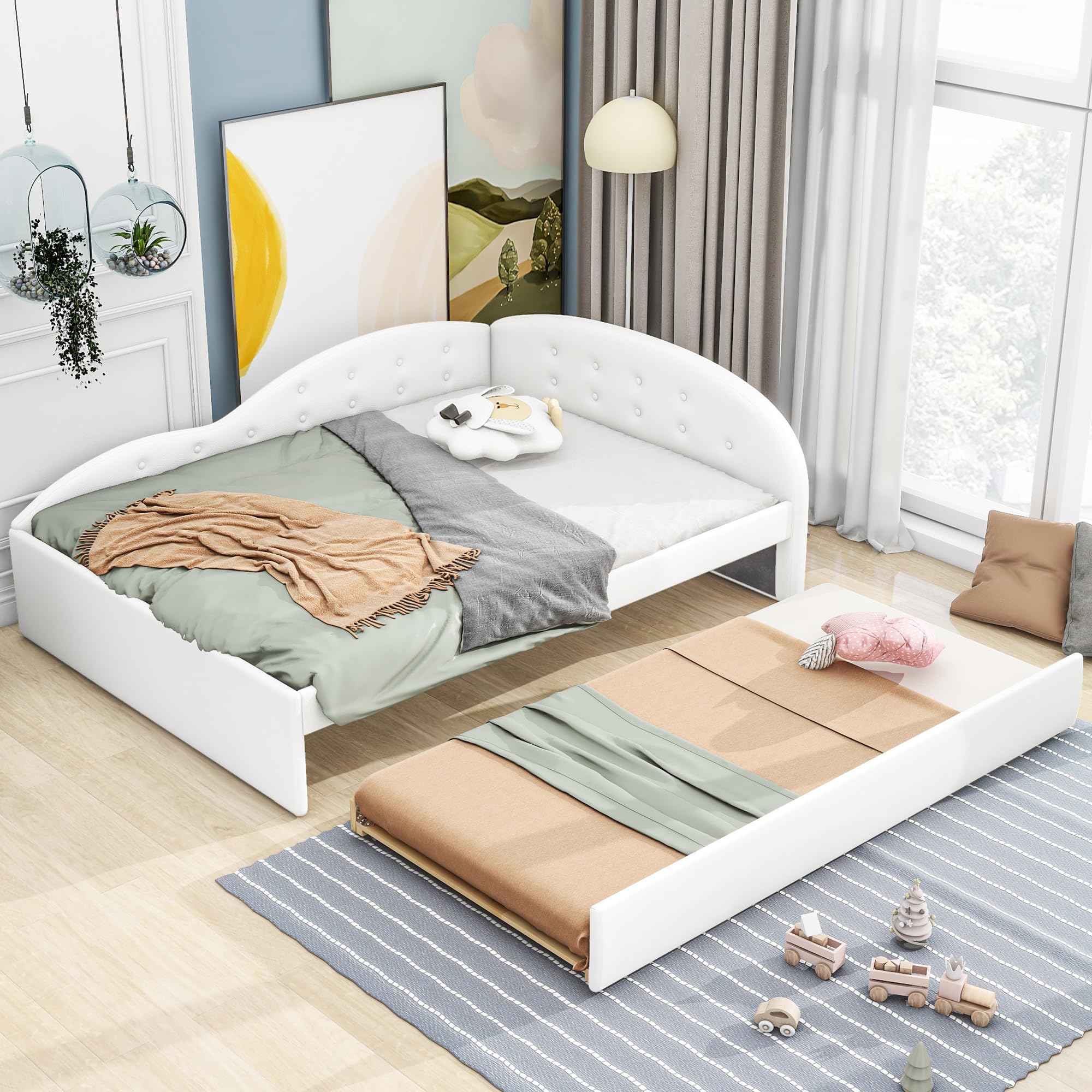 DHPM Daybed Full with Trundle - Daybed Faux Leather Upholstered Tufted with Cloud Shaped Guardrail and Slat Support - Modern Full Trundle Bed Sofa Daybed for Bedroom, Living Room, Guest Room