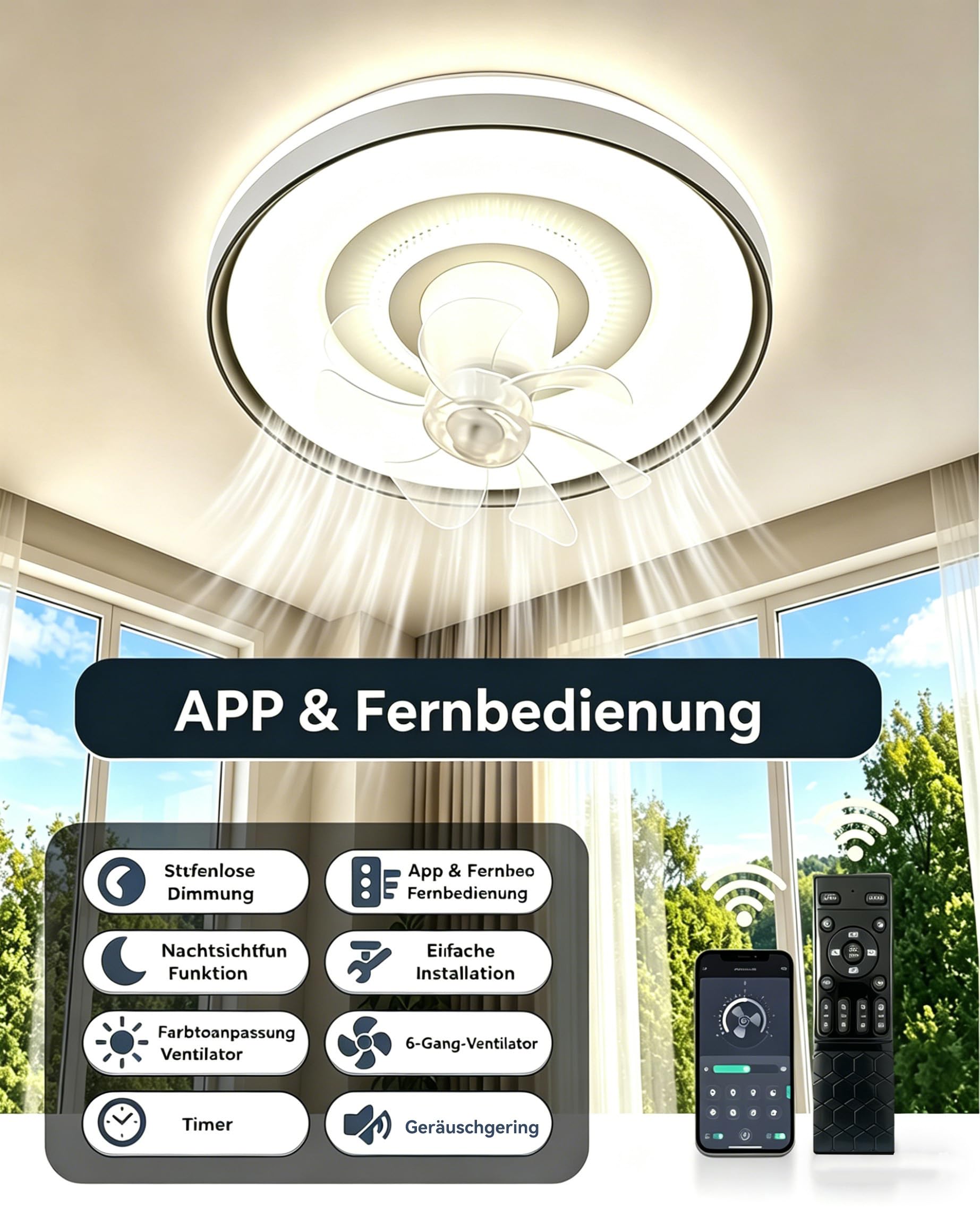 Deckenleuchte mit Ventilator 50cm Deckenventilator mit Beleuchtung Drehbarer Kopf 6 Geschwindigkeiten Fernbedienung und die App für Wohnzimmer, Schlafzimmer, Büro