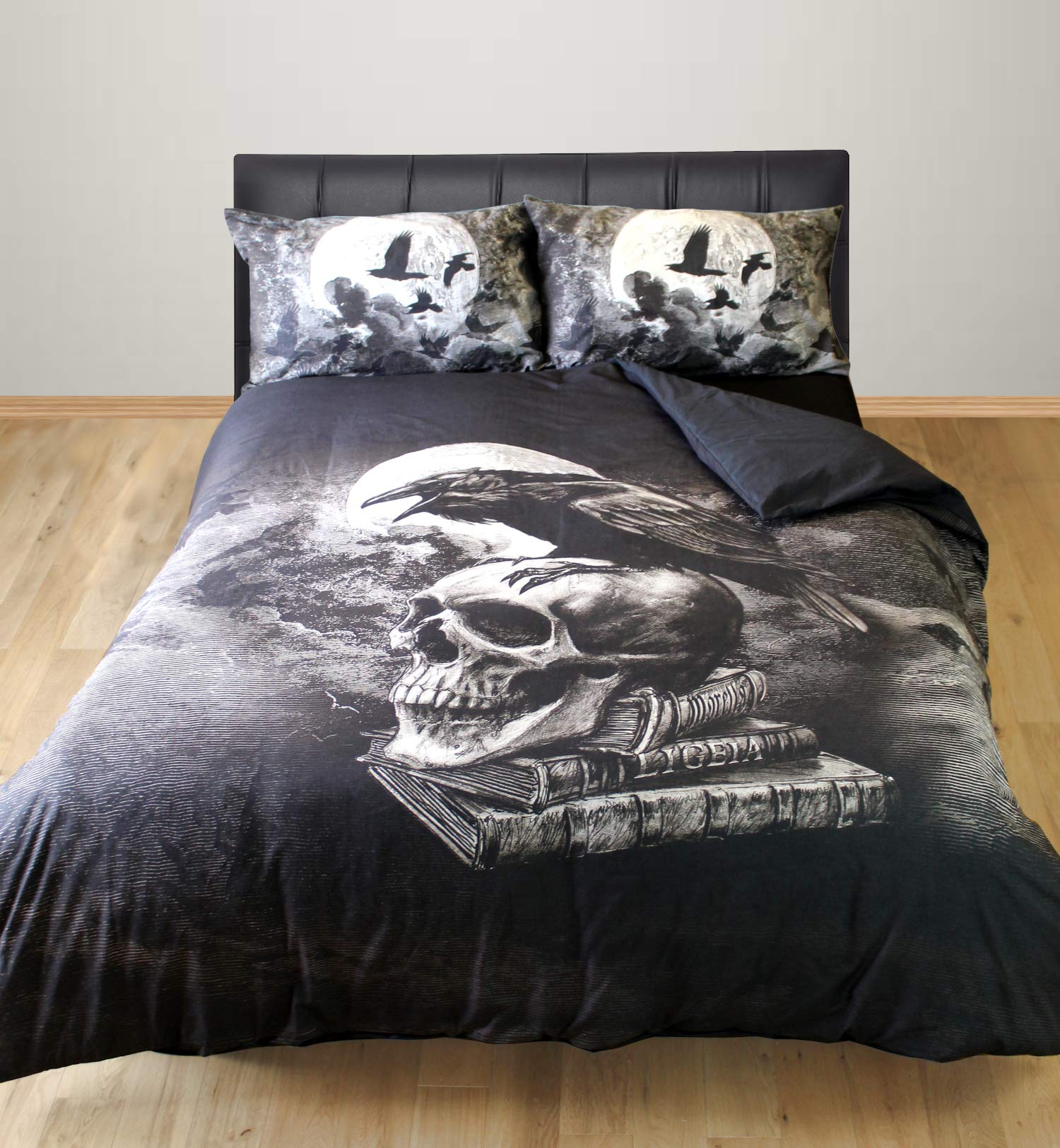 Alchemy Gothic Black Single Bed Poe's Raven Duvet Cover Bedding Set Crow Birds Skull Moon Grey White