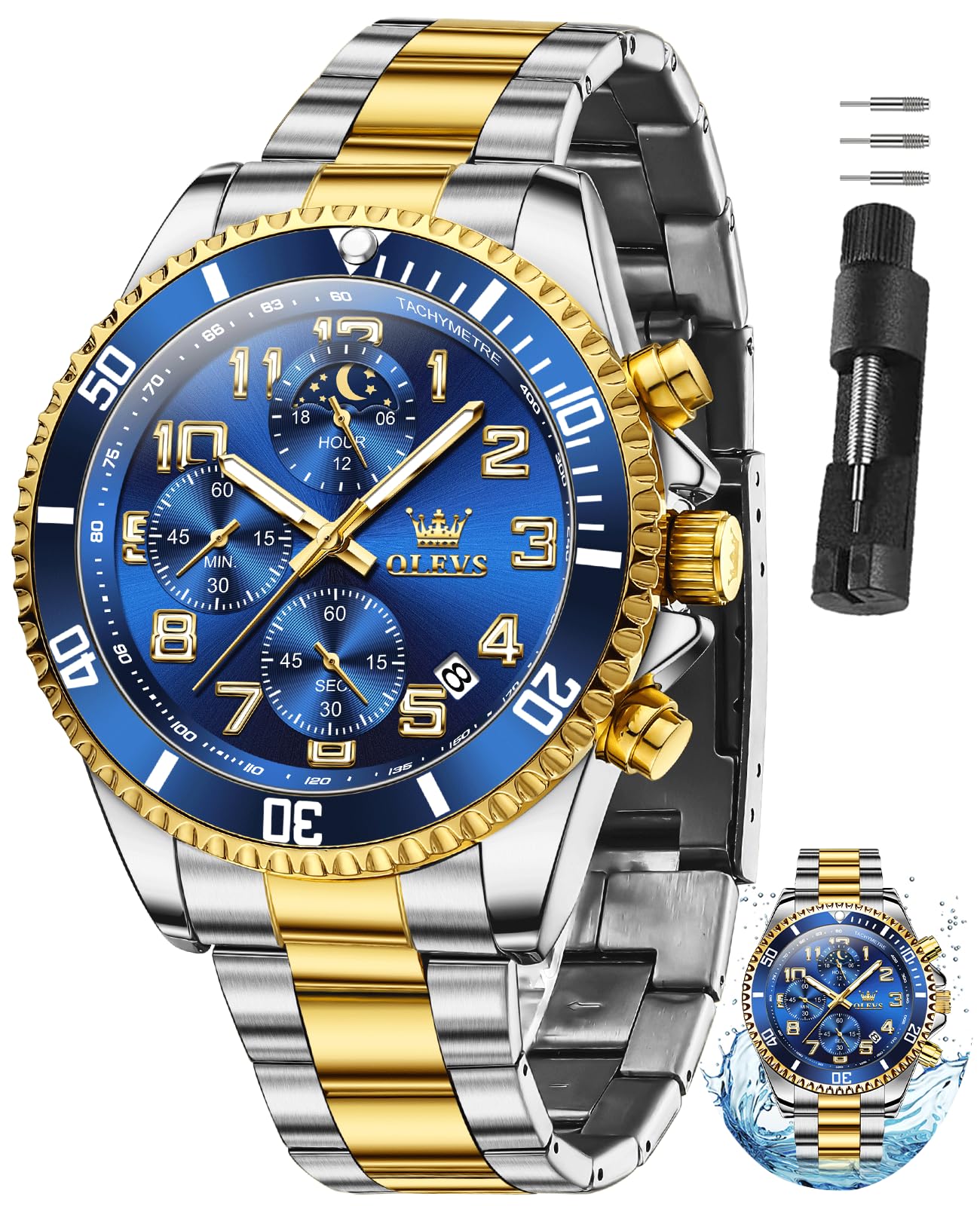 OLEVS Watches for Men Stainless Steel Dress Men Watch with Date Big Face Chronograph Waterproof Luxury Fashion Watch