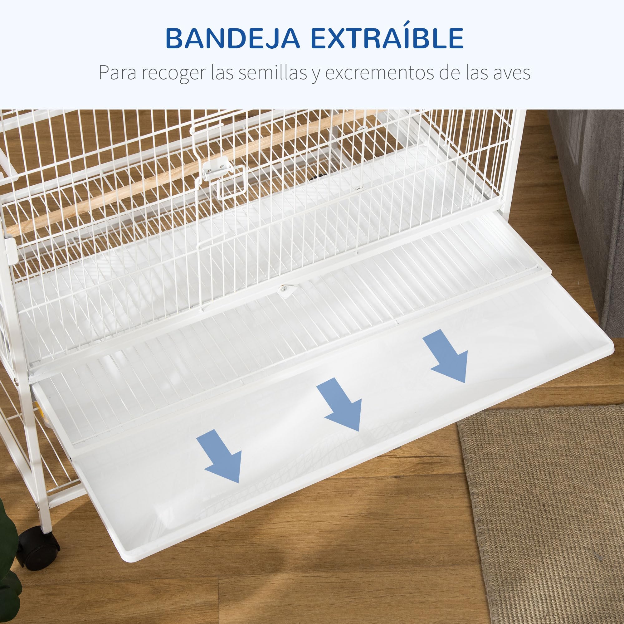 PawHut Jaula para Pájaros con Ruedas Pajarera Metálica con Bandeja Extraíble 4 Puertas 4 Comederos 4 Perchas y Estante de Almacenaje Jaula para Canarios Periquitos 78x52x132 cm Blanco — view 3