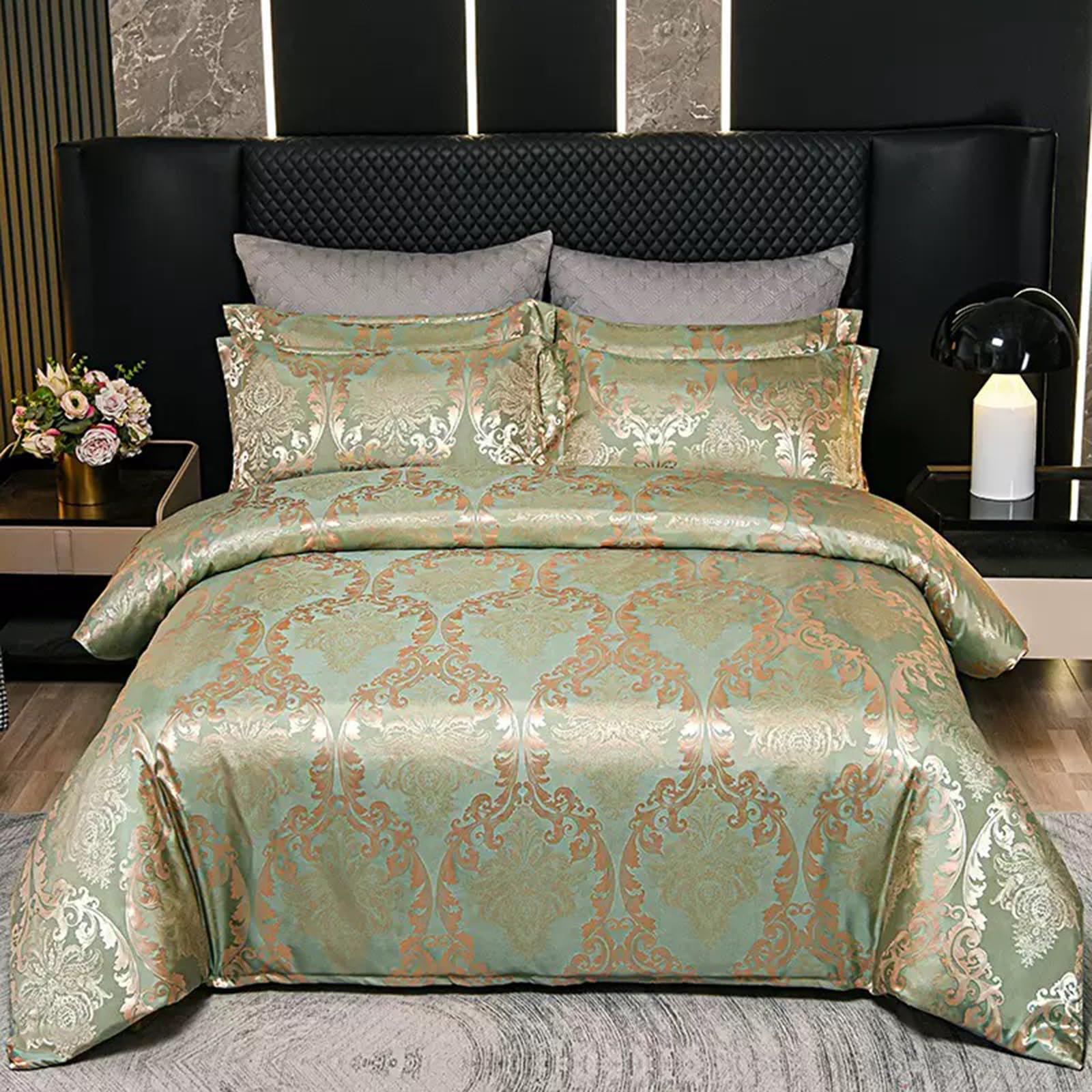 E-yimeng King Size Duvet Cover Sets Silk Satin Bedding Sets Premium Brushed Microfiber Duvet Set with 2 Pillowcases Zipper Luxury Super Soft Machine Washable 230x220 cm Green Champagne