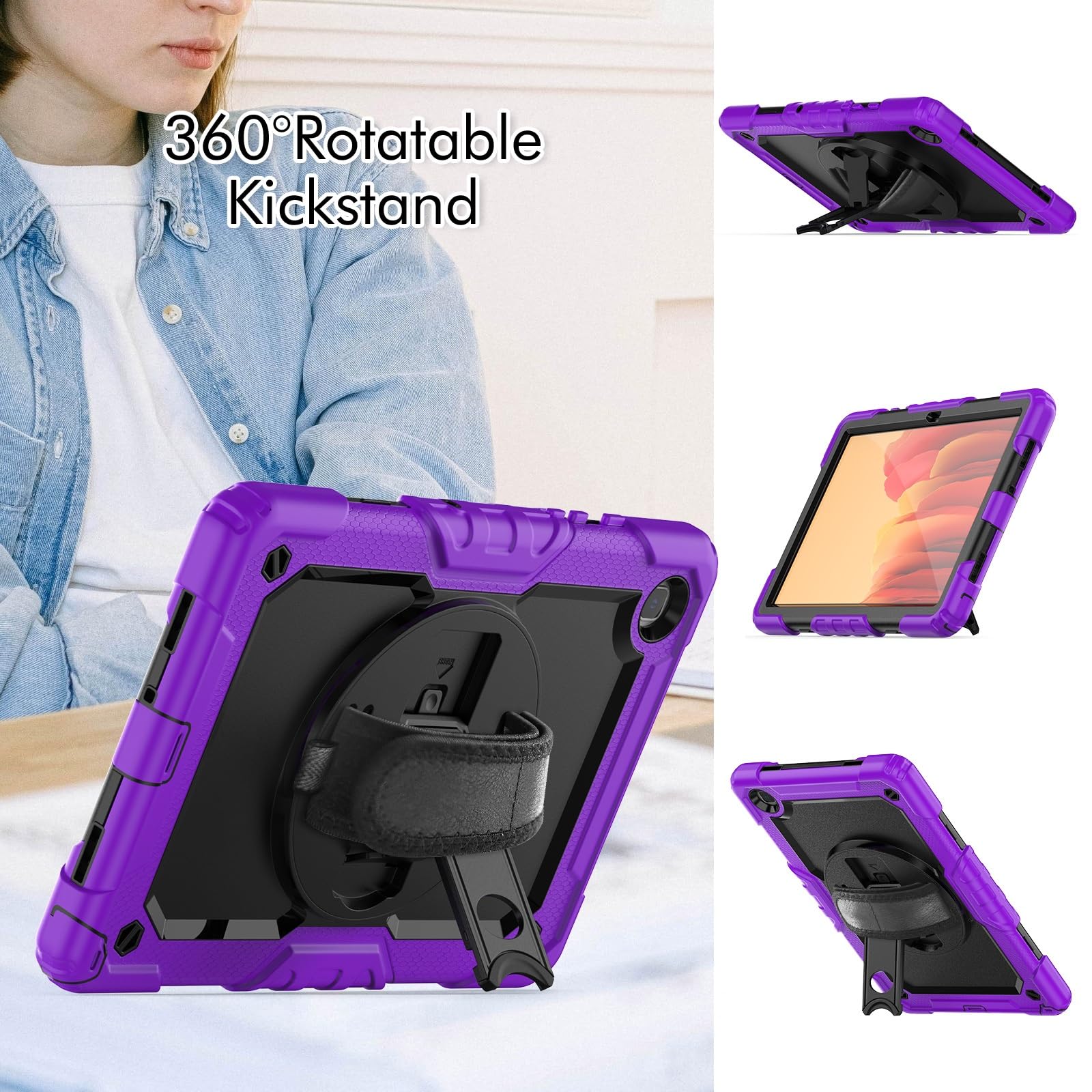 Kompatybilny z Samsung Galaxy Tab A7 10,4 cala SM-T500/T505 (2020) Etui folią ochronną ekranu, [podpórka] [pasek na ramię] Odporna wstrząsy wytrzymała obudowa 360° obrotowy pasek rękę i ramię(Mor)