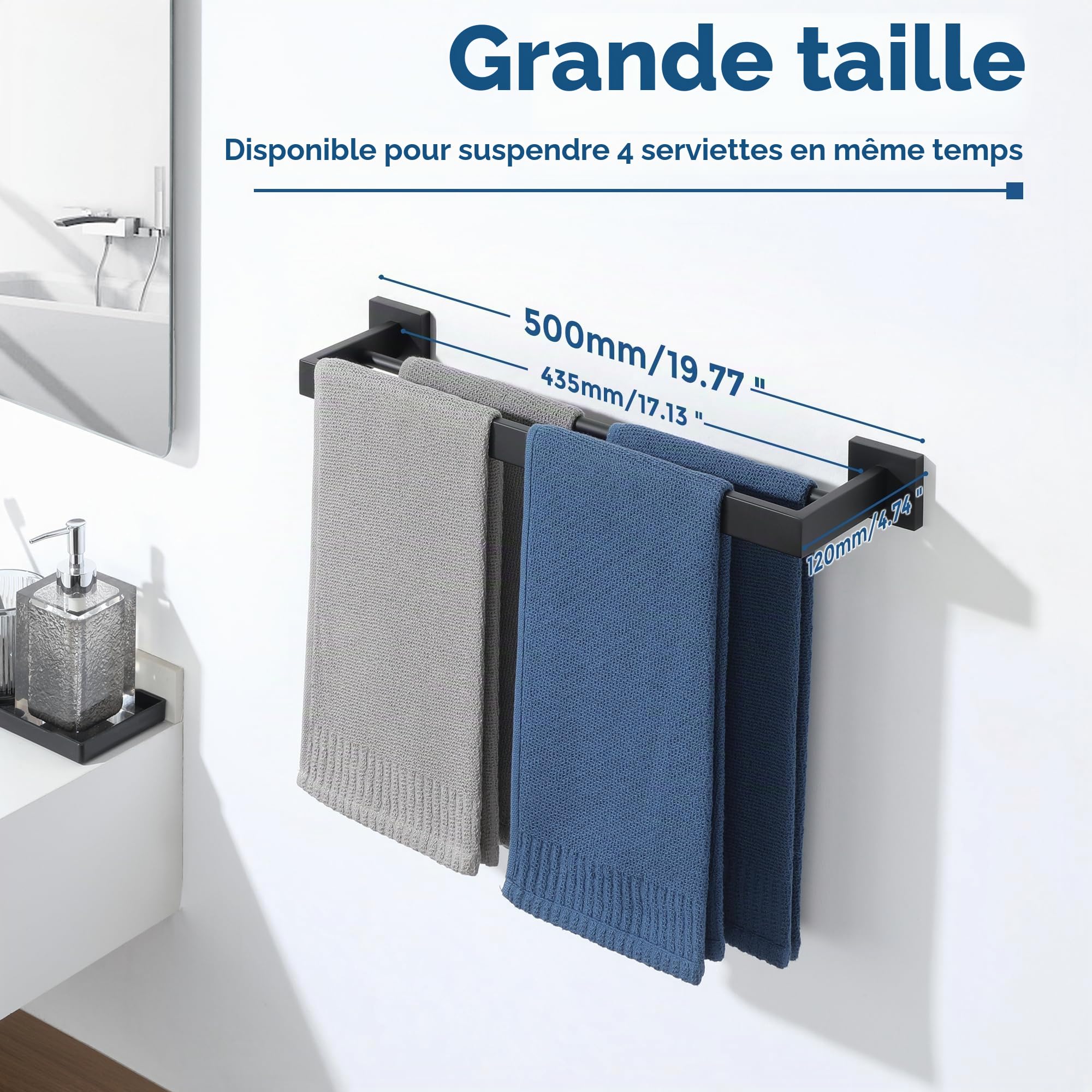 SAYAYO Porte Serviette Mural Salle de Bain, Support Serviette de 2 Barres en Acier Inoxydable pour Cuisine Lavabo Toilette, 50CM Finition Noir Mat, EGA7202-500-B
