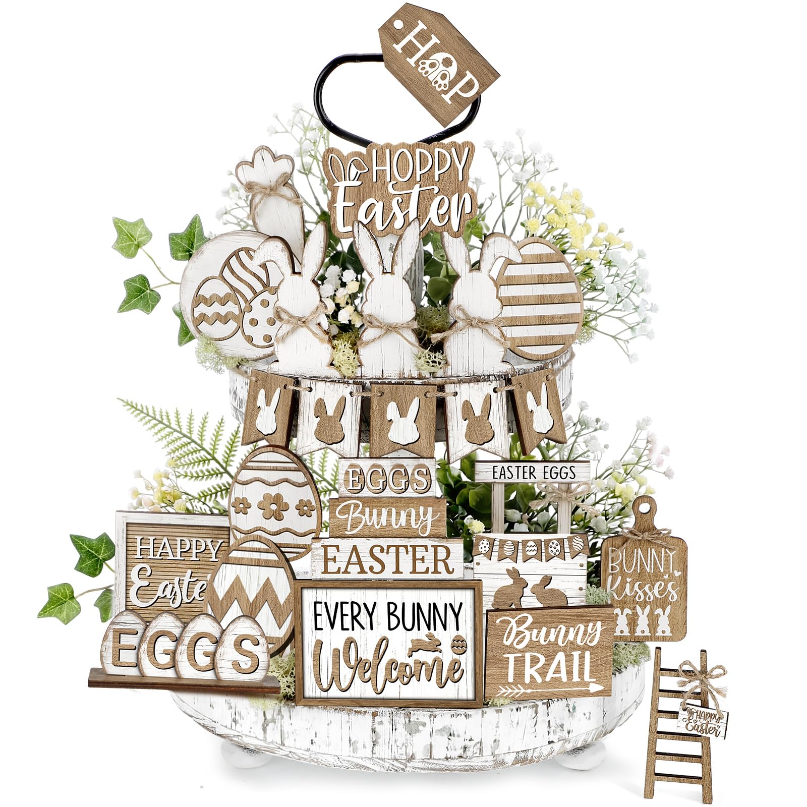 Decoración de bandeja escalonada de Pascua DoubleFill con 24 letreros de madera