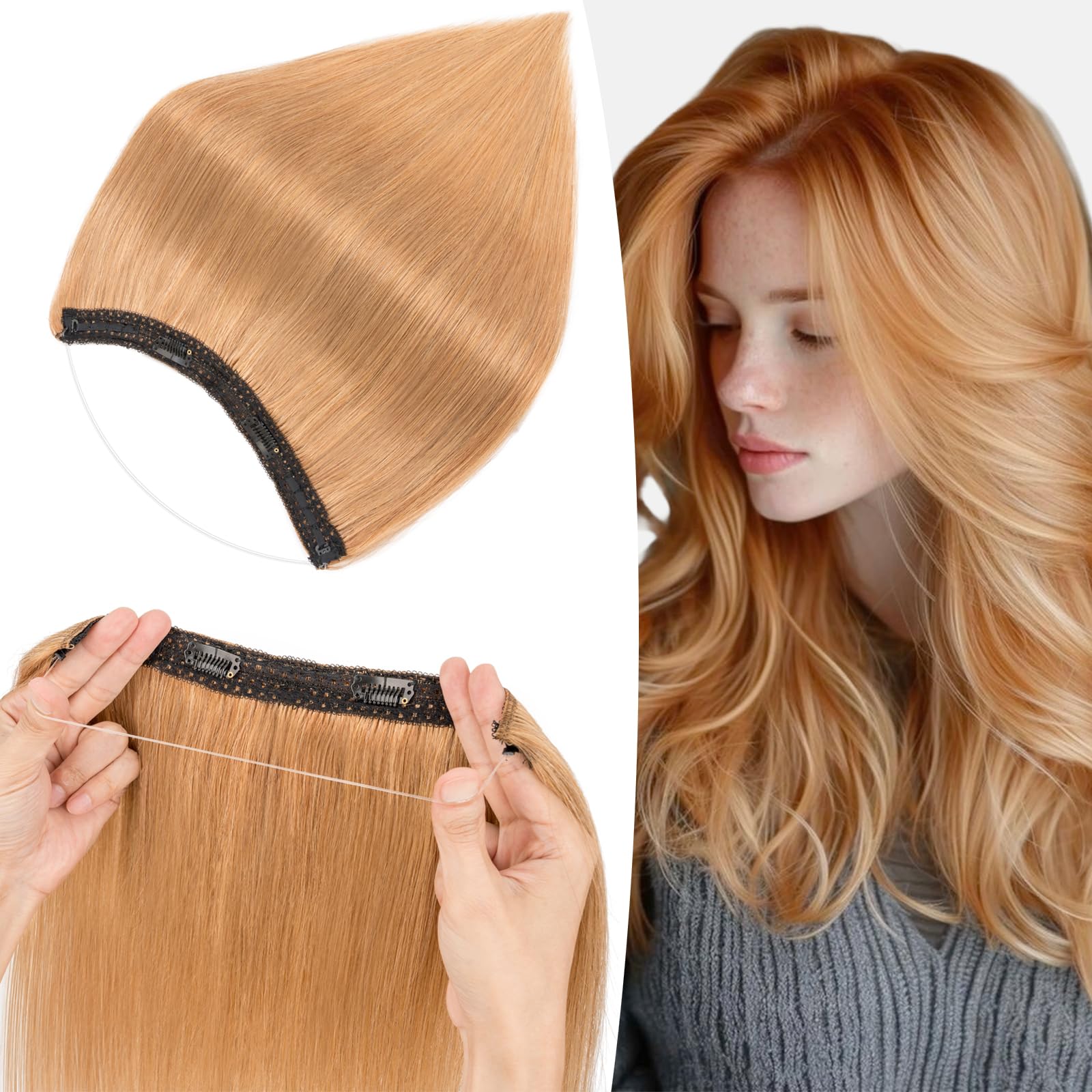 S-noilite Wire Hair Extensions Human Hair Dark Blonde Invisible Fish Line Hair Extensions Real Hair One Piece Human Hair Extensions 14 Inch 60g