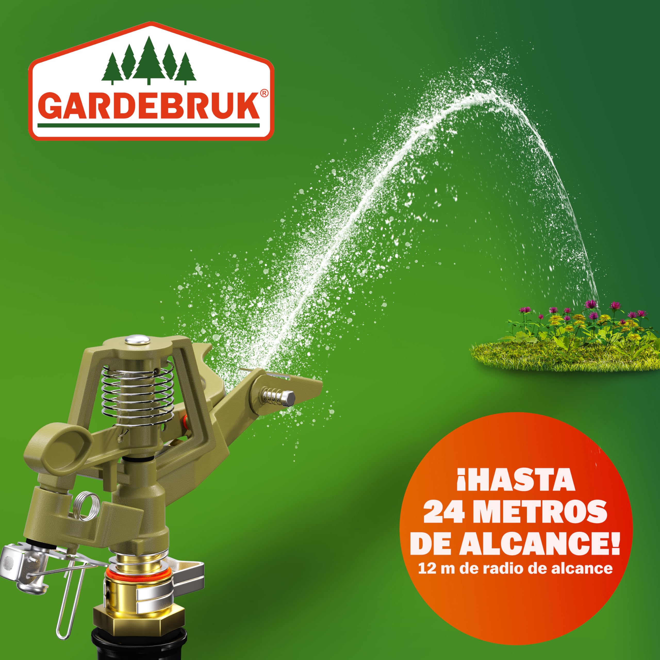 GARDEBRUK® Aspersor de Césped Trípode Telescópico 360° Alcance hasta 24m Altura Ajustable con Conectores de Manguera Sistema Riego Jardín Huerto