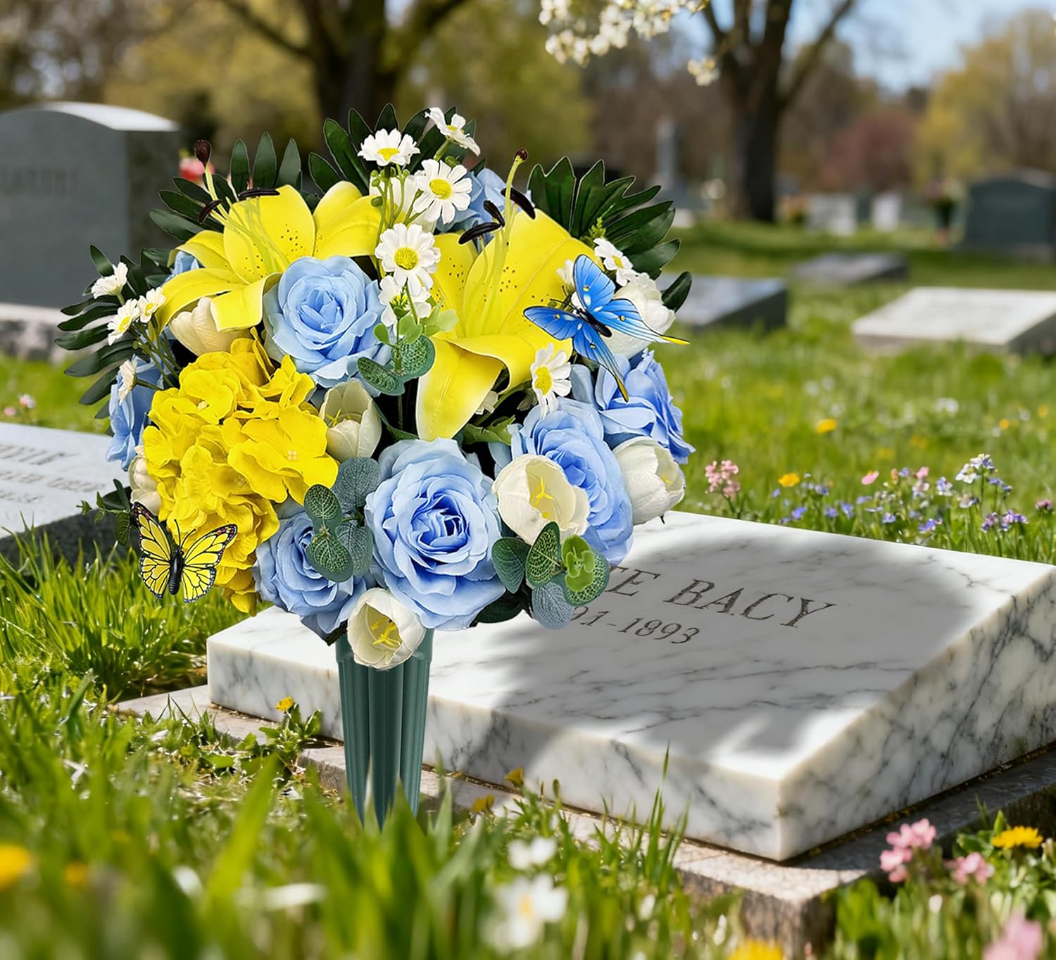 Handmade Cemetery Flower Bouquet with Grave Vase for Tombstone Decoration,Non-Bleed Color, Artificial Memorial Flower Arrangement of Rose Lily Daisy and Hydrangea, Blue and Yellow