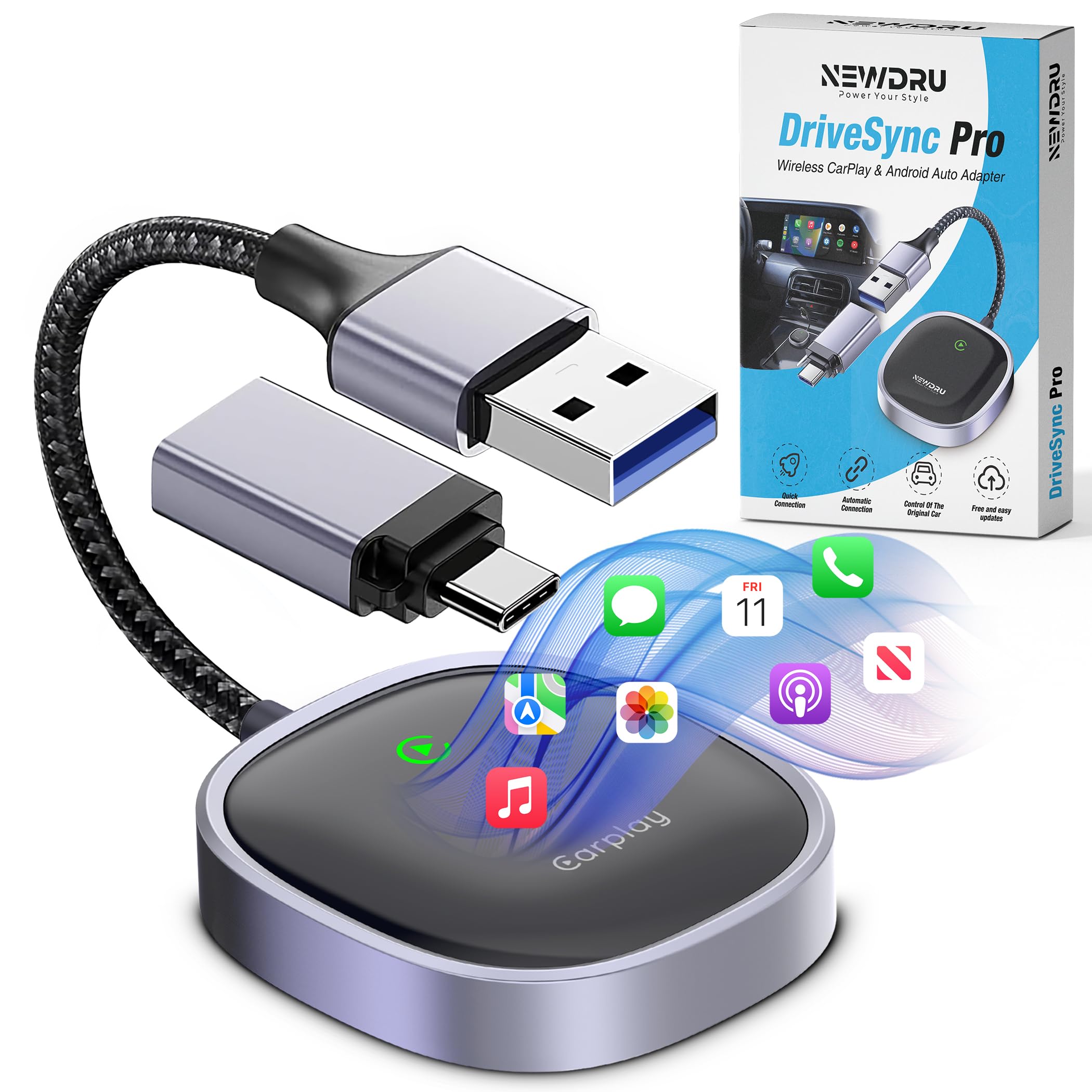 NEWDRU DriveSync Pro – Wireless CarPlay & Android Auto Adapter | Plug & Play USB | WiFi & Bluetooth Fast Connectivity for iPhone & Android