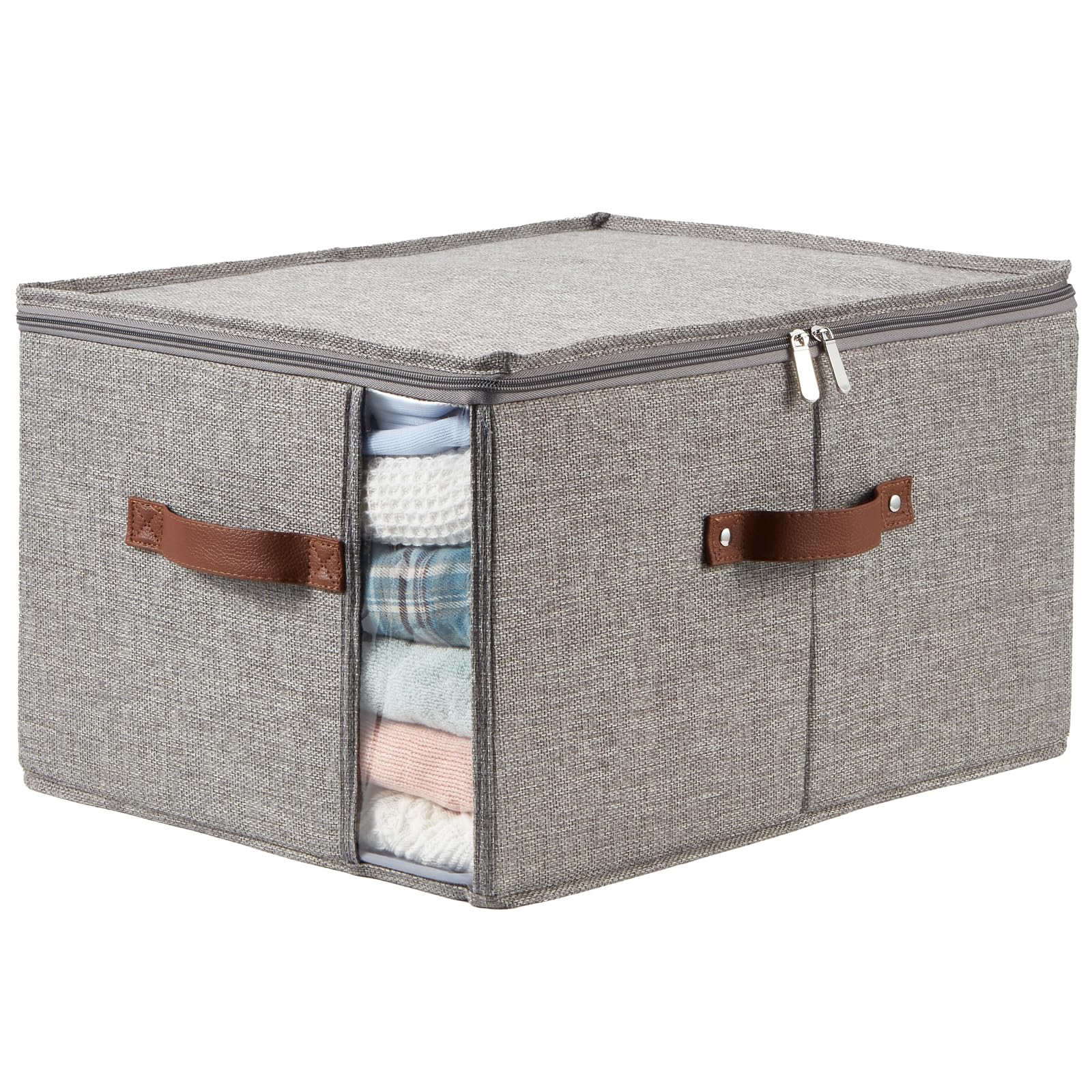 VinneGenzz Storage Bins with Zipper Lid Fabric Storage Box Basket with Clear Window PU Leather Handles Decorative Collapsible Washable Shelf Closet Clothes Organizer Container (Gray, Extra Large)