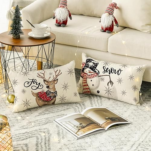 Miniatura 4 de AVOIN colorlife Juego de 4 fundas de almohada de Navidad, muñeco de nieve, reno, eucalipto, color rojo, 12 x 20 pulgadas, diseño de rayas de