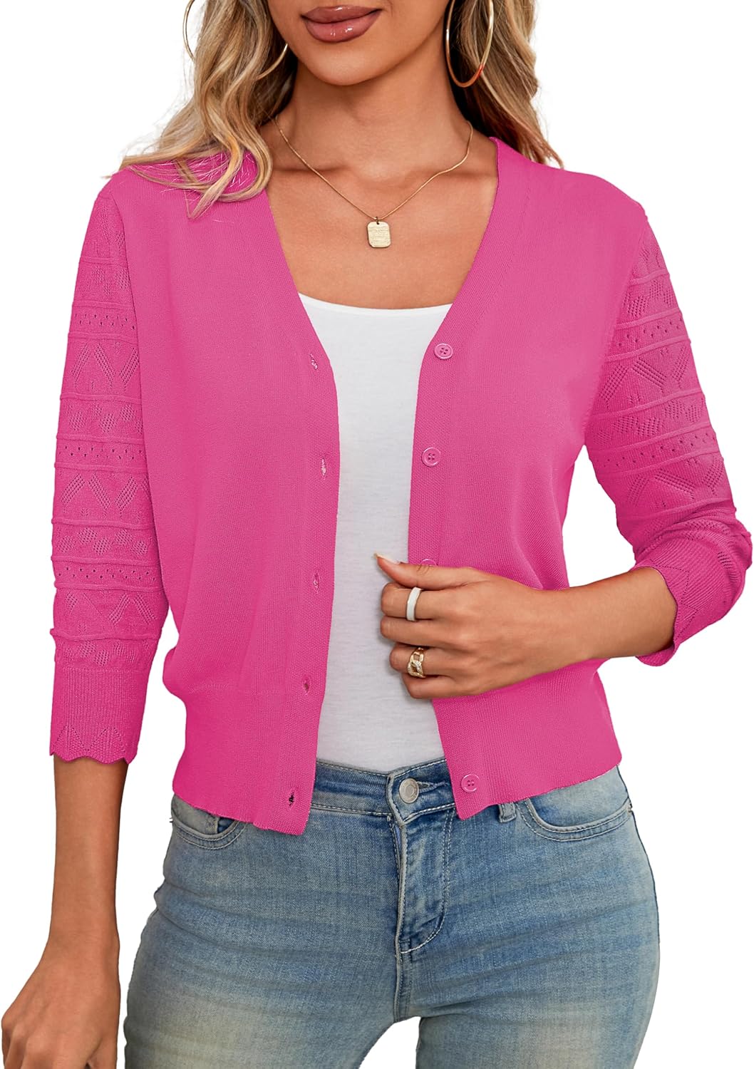 LIENRIDY Women's 3/4 Sleeve Cropped Cardigan Sweaters Button Down Bolero Shrugs for Dresses, S-XL