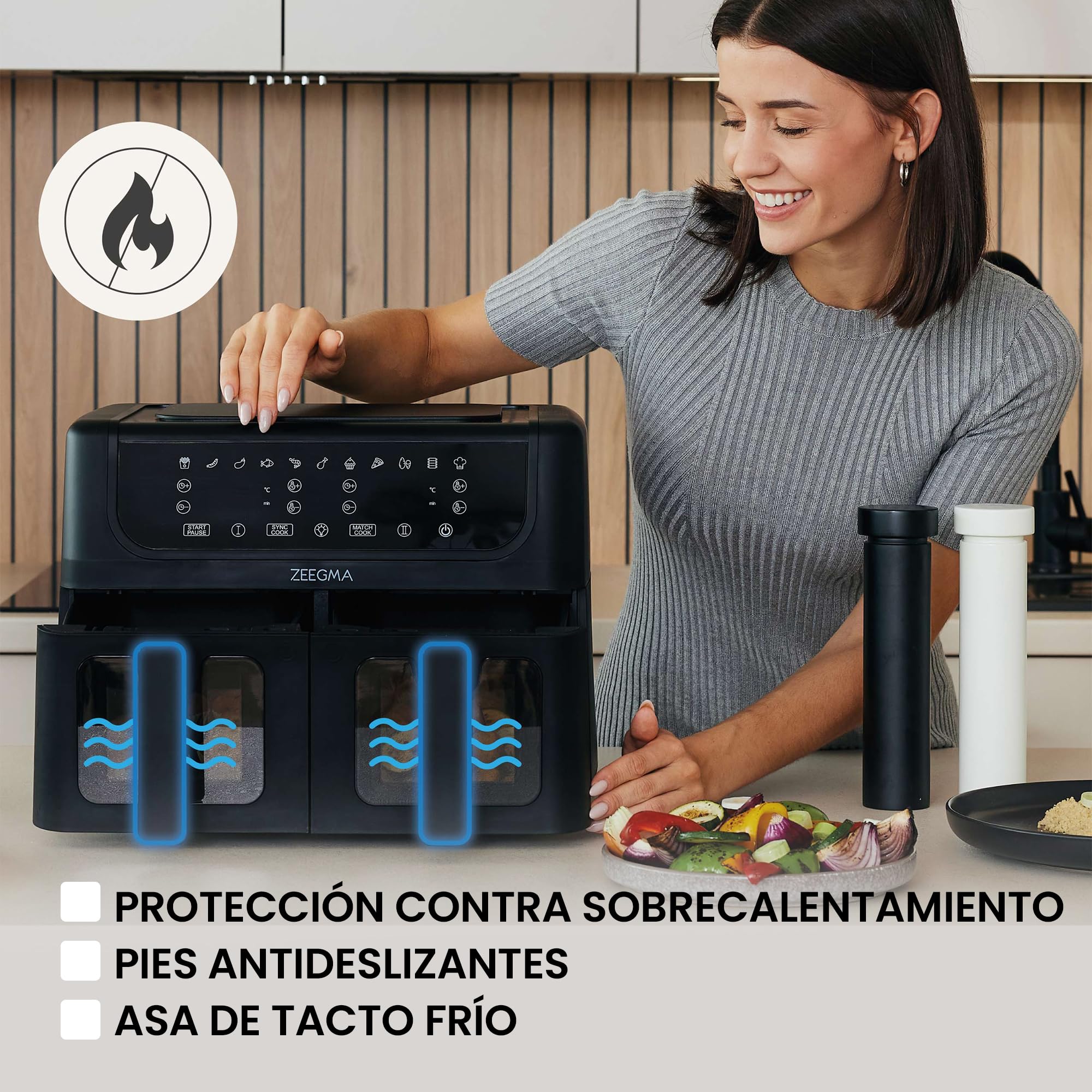 ZEEGMA KNAPPER DUAL Freidora de Aire Con Compartimento Doble 1700 W, 2 Compartimentos, 9 L de Capacidad, 11 Programas, Temperatura 60-200 °C Calentamiento Instantáneo 60 s Panel táctil