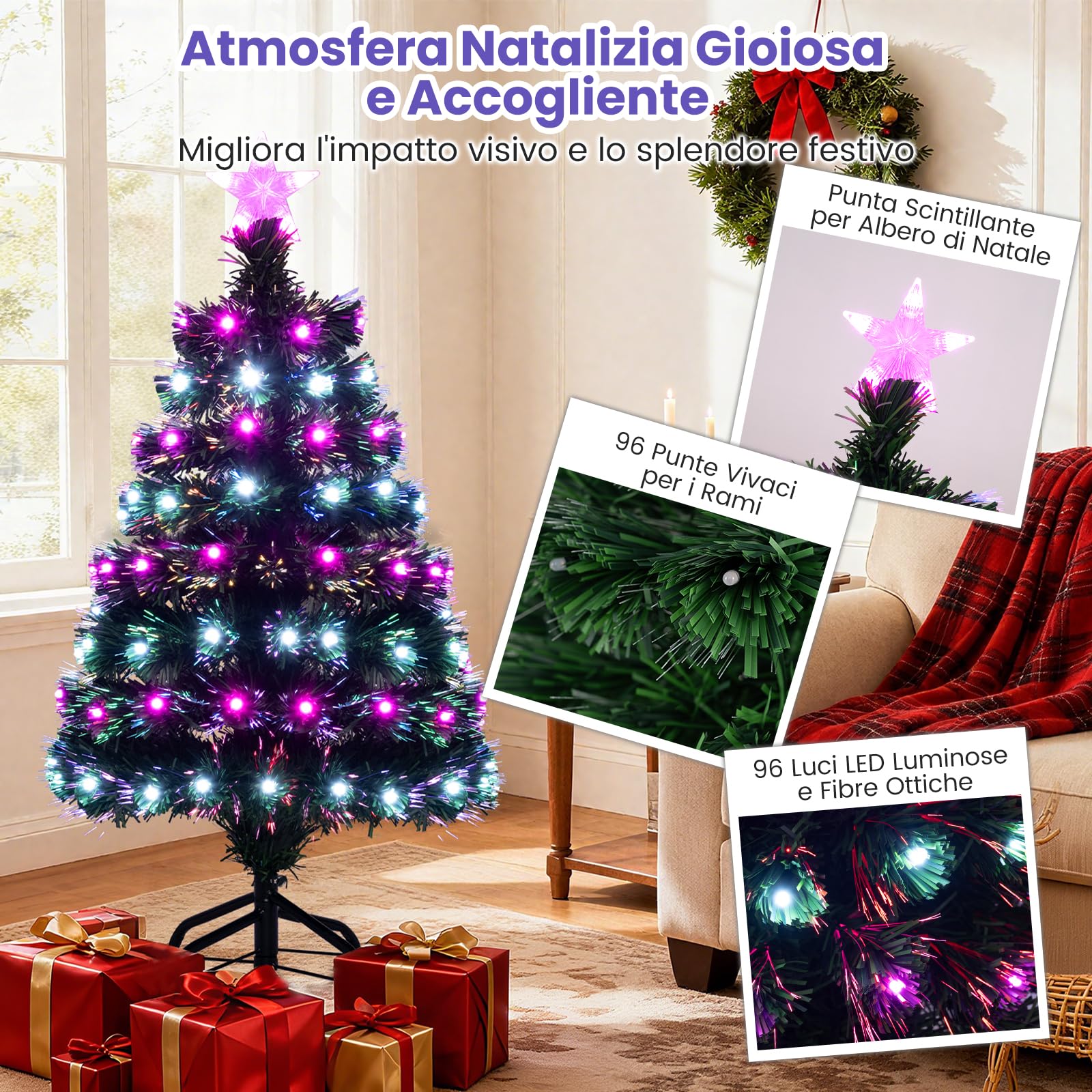 Albero di Natale Artificiale Illuminato da 93 cm, Albero di Natale con Fibre Ottiche Multicolore, 96 Luci LED Viola e Bianche, 8 Modalità, 96 Punte di Rami in PVC, Stella sulla Cima, Base Metallica