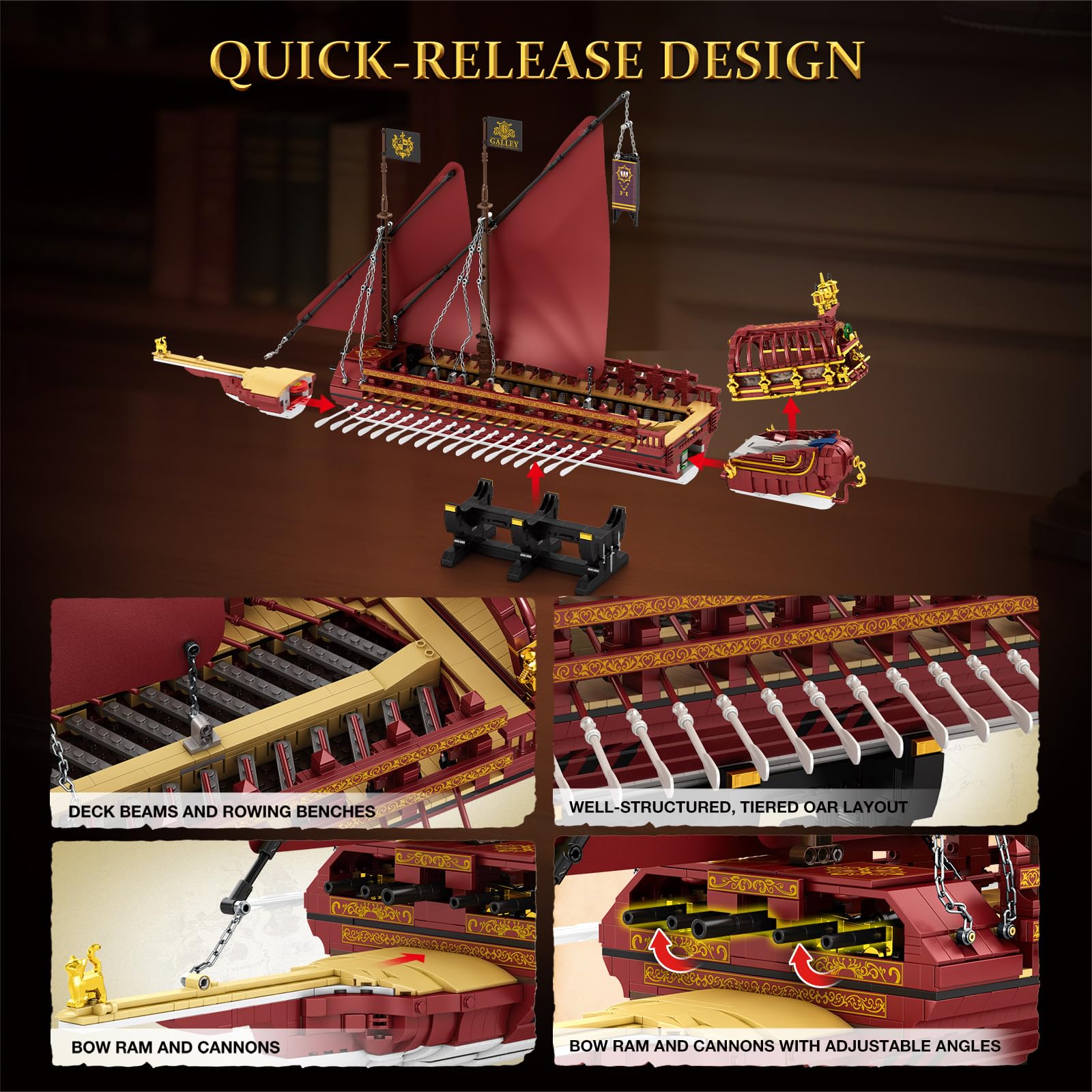 Reobrix Galley - Set di mattoncini da costruzione, modello di nave da guerra | Galeeren - Modellino di barca a vela per adulti, 3387 pezzi, 85 x 37 x 55 cm, set di mattoncini da costruzione